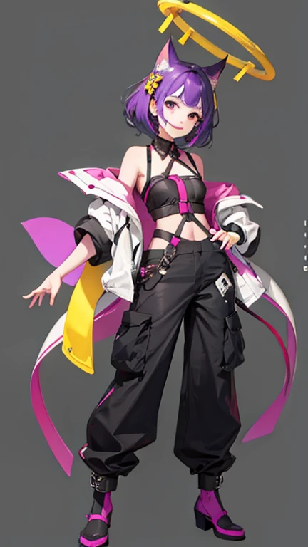 purple hair girl,medium hair,Harness,pants,simple background,smile,whole body,full body,full body,Standing picture,vtuber,upright,Photographed from the front,sight(line of sight)in front of,