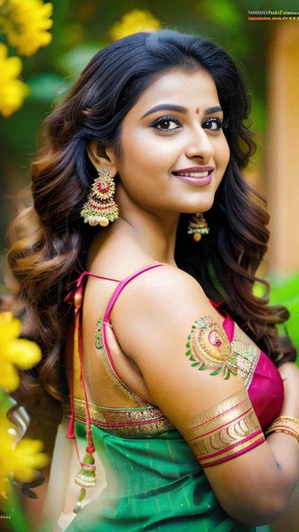 woman, gorgeous woman, glamourous women, cleavage visible, traditional beauty, beautiful goddess, beautiful maiden, painting of beautiful, indian goddess, indian art, very beautiful woman, gorgeous beautiful woman, beautiful depiction, beautiful woman, beautiful digital artwork, beautiful character painting, beautiful gorgeous digital art, portrait of a beautiful goddess, goddess of beauty, flower goddess, lots of flowers in the garden, smiling, seductive looks, curly hairs