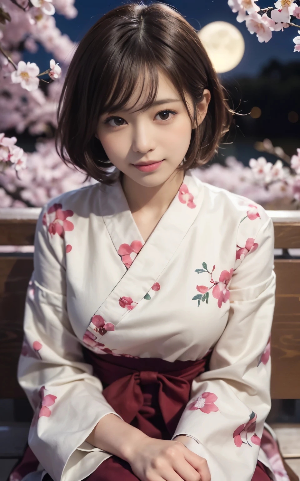 ((masterpiece、highest quality、highest quality))、(Very beautiful Japanese girl 21 years old)、(high nose)、(long bangs)、((smile))、((short cut hairー))、((night) garden)))、((cherry blossoms並木)、((seat))、（nightcherry blossoms）、（night）、look at the viewer、(slender body)、(())、((cherry blossomsの花びら舞う、cherry blossoms吹雪)) )、((( 超詳細なnight景の背景))、(((perfect limbs))、Cute 21 year old Japanese、Ultra-detailed facial features、Attention to detail、double eyelid、beautiful thin nose、sharp focus:1.2、beautiful woman:1.4、(light brown hair、short cut hair、white skin、Cherry-blossom viewing、cherry blossomid night、moon、