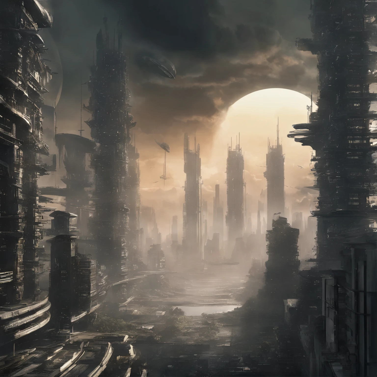 Futuristic spatial structure、territory、Appleseed、Shirou Masamune、Futuristic cities、blade runner、Replicant、rain、Moisture、The fog gathers、haze、(((A futuristic city made up of many layers that reach all the way to the sky)))、The gap between buildings、I can't see the sky、((A large cylindrical space))、The sun doesn't reach the lower layers、Under the fading ozone layer、The sky is poisoned with crimson、The rich at the top are bathed in artificial air while the working people at the bottom melt their lungs.、The sun hidden by thick clouds、Stand Up to Inequality