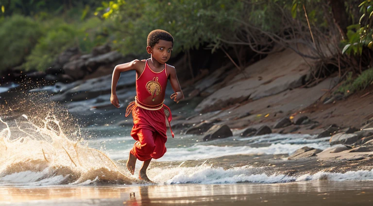 A boy in Indian clothes, roupas cor vermelha, cor de Pele preta, ****** negro, indigenous boy, correndo de ataque de crocodilo, ele esta correndo na rio, roupa africano vermelha, ****** africano no rio, crocodilo atacado 