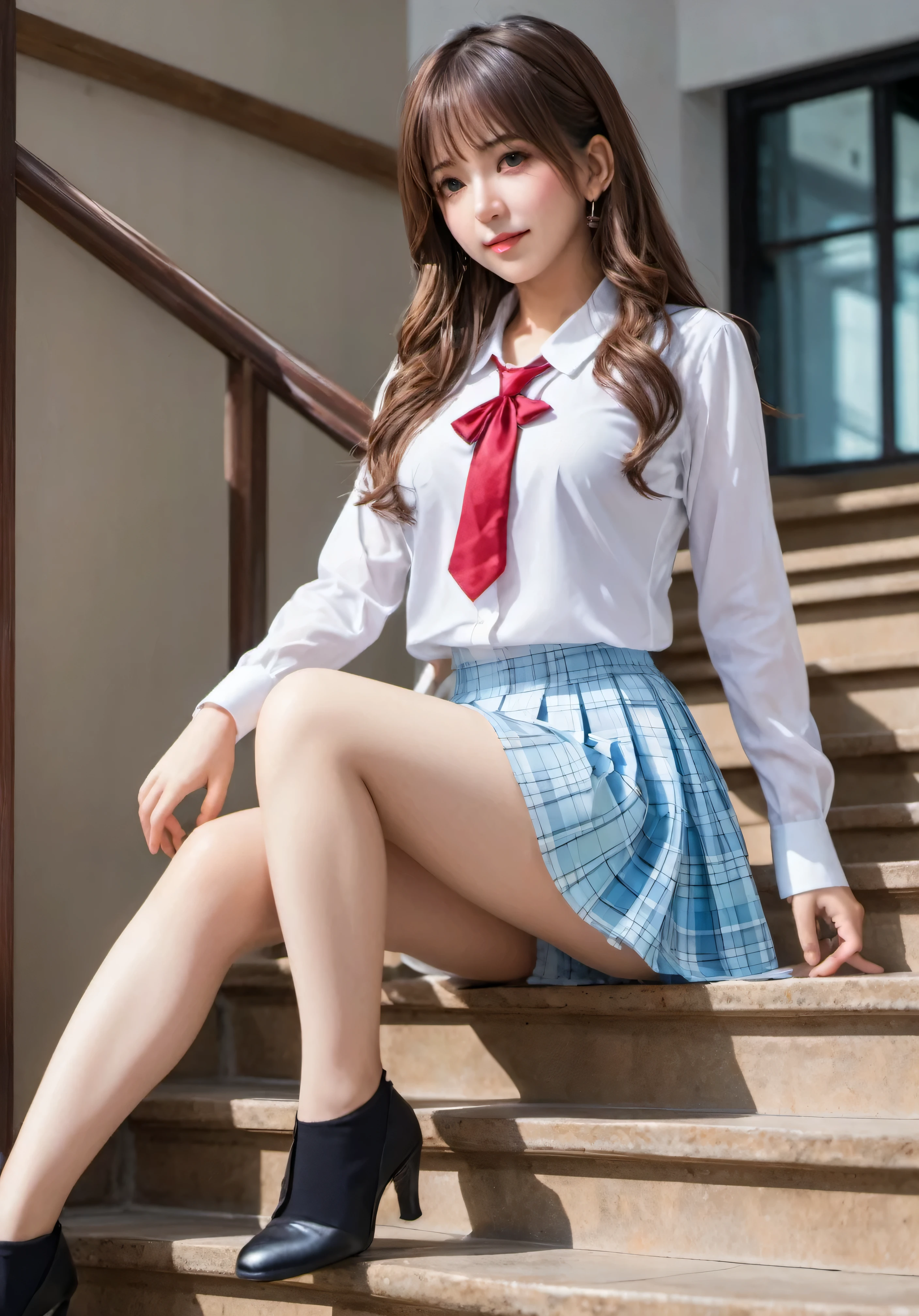 photograph, confused, High resolution, Super detailed, maid girl,:d,((Hair with loose waves on the inside:1.2)),(((gold necklace_Larger earrings:1.2)),((Super long brown hair:1.2))、((White collar shirt、light blue plaid pleated skirt:1.4)、、high 、((going down school stairs:1.3)), 、( ( shy smile:1.3)),((chest thrust pose、Pose showing off your chest:1.4)),((Look Down at the viewer,from below:1.5))、raise your arms((Lift up the skirt and hem、Exposing transparent white panties:1.6)、((turning your back on me:1.3)、(turn your butt towards me:1.2)、(look back at me:1.2)、