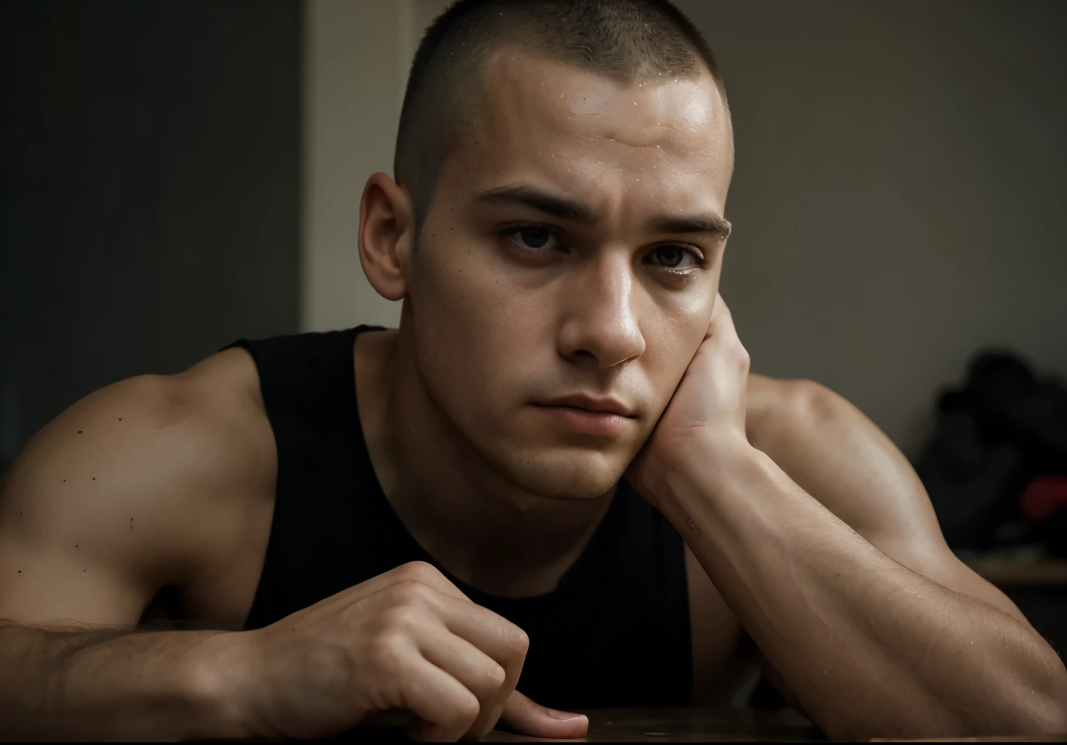 Generate an image of a 25-year-old man with a military-style buzz cut, gazing forward with a tired and weary expression. His eyes reflect the weight of exhaustion, conveying a sense of fatigue and weariness from life's burdens. Despite his youth, lines of tiredness etch his face, hinting at the challenges he has faced. His posture may be slouched, and his shoulders drooped, further emphasizing his exhaustion. This composition captures the poignant portrayal of a young man grappling with the strains of life, his tired gaze reflecting the trials he has endured.