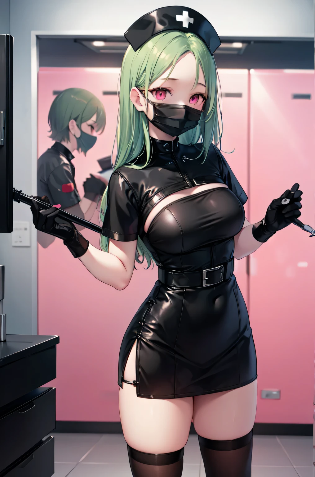 black nurse, 1woman, solo, black nurse cap, black nurse uniform, ((black legwear, zettai ryouiki)), black elbow gloves, forehead, long hair, green hair, pink eyes, ((black surgical mask, covered nose)), standing, ((surgery room)), sharp outline, short sleeves, mature female, 35 years old, best quality, masterpiece