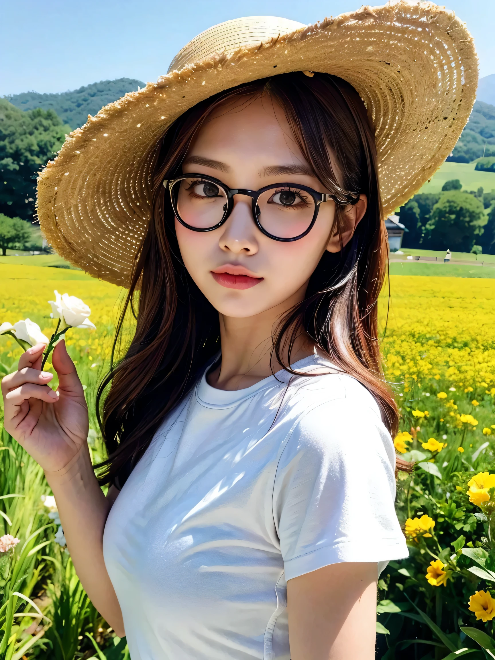 Best quality: 1.4, high resolution, perfect lighting, 1 girl, 20 years old, glasses, flower geek, shortcut, straw hat, flower field,