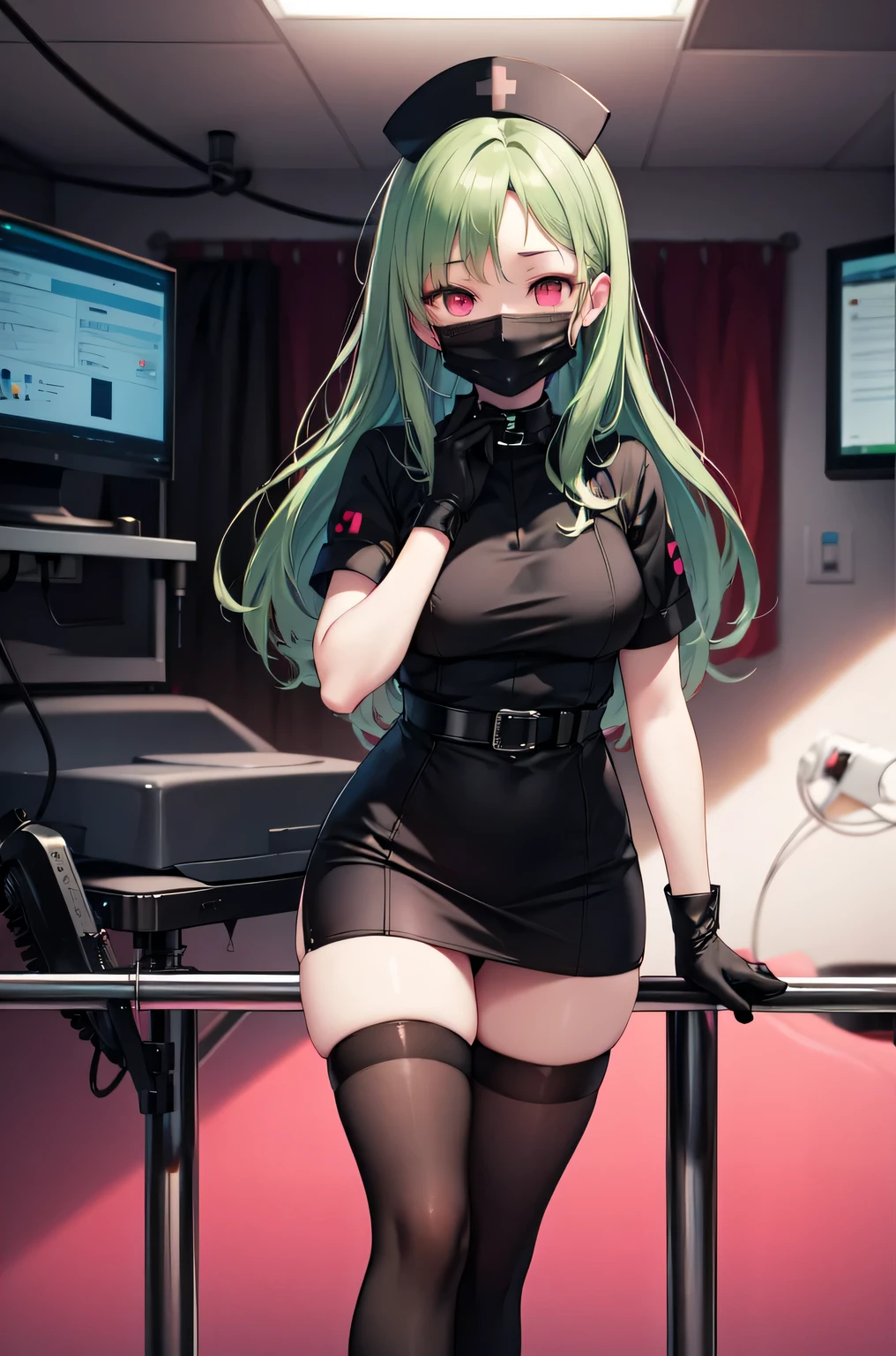 black nurse, 1woman, solo, black nurse cap, black nurse uniform, ((black legwear, zettai ryouiki)), black elbow gloves, forehead, long hair, green hair, pink eyes, ((black surgical mask, covered nose)), standing, ((surgery room)), sharp outline, short sleeves, mature female, 35 years old, best quality, masterpiece