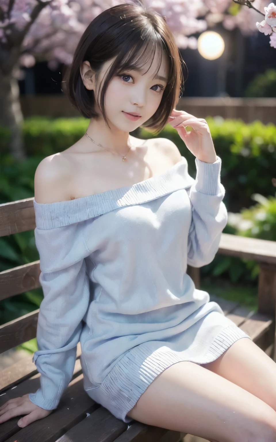 ((masterpiece、highest quality、highest quality))、(Very beautiful Japanese girl 21 years old)、(high nose)、(long bangs)、((smile))、((night) garden)))、((Cherry blossom trees)、((seat))、(night桜)、(night)、mid night、moon、look at the viewer、(slender body)、(())、((Dancing cherry blossom petals、SakuraFubuki)) )、((( 超詳細なnight景の背景))、(((perfect limbs))、Cute 21 year old Japanese、Ultra-detailed facial features、Attention to detail、double eyelid、beautiful thin nose、sharp focus:1.2、beautiful woman:1.4、(light brown hair、short cut hair、mid night、moon、 (sweater dress(white theme、(Very light blue purple)、高品質カシミアsweater dress、(Fluffy fabric)、(Very tight)、off shoulder):1.3)、