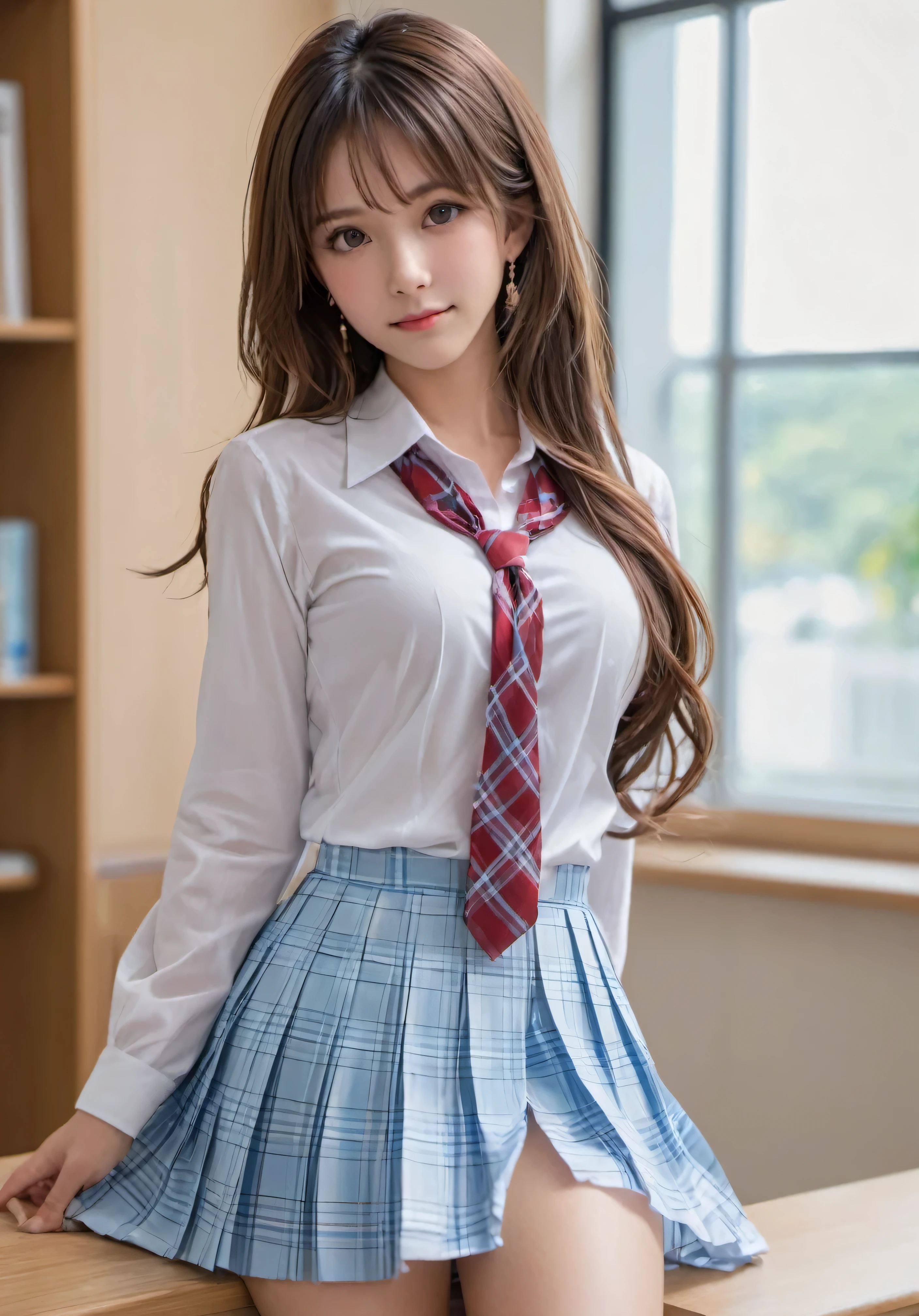 photograph, confused, High resolution, Super detailed, maid girl,:d,((Hair with loose waves on the inside:1.2)),(((gold necklace_Larger earrings:1.2)),((Super long brown hair:1.2))、((White collar shirt、light blue plaid pleated skirt:1.4)、、high 、in a high school classroom、(( shy smile:1.3)),((chest thrust pose、Pose showing off your chest:1.4)),((Look Down at the viewer,from below:1.5))、raise your arms((Lift up the skirt and hem、Exposing transparent white panties:1.6)、((turning your back on me:1.3)、(turn your butt towards me:1.2)、(look back at me:1.2)、