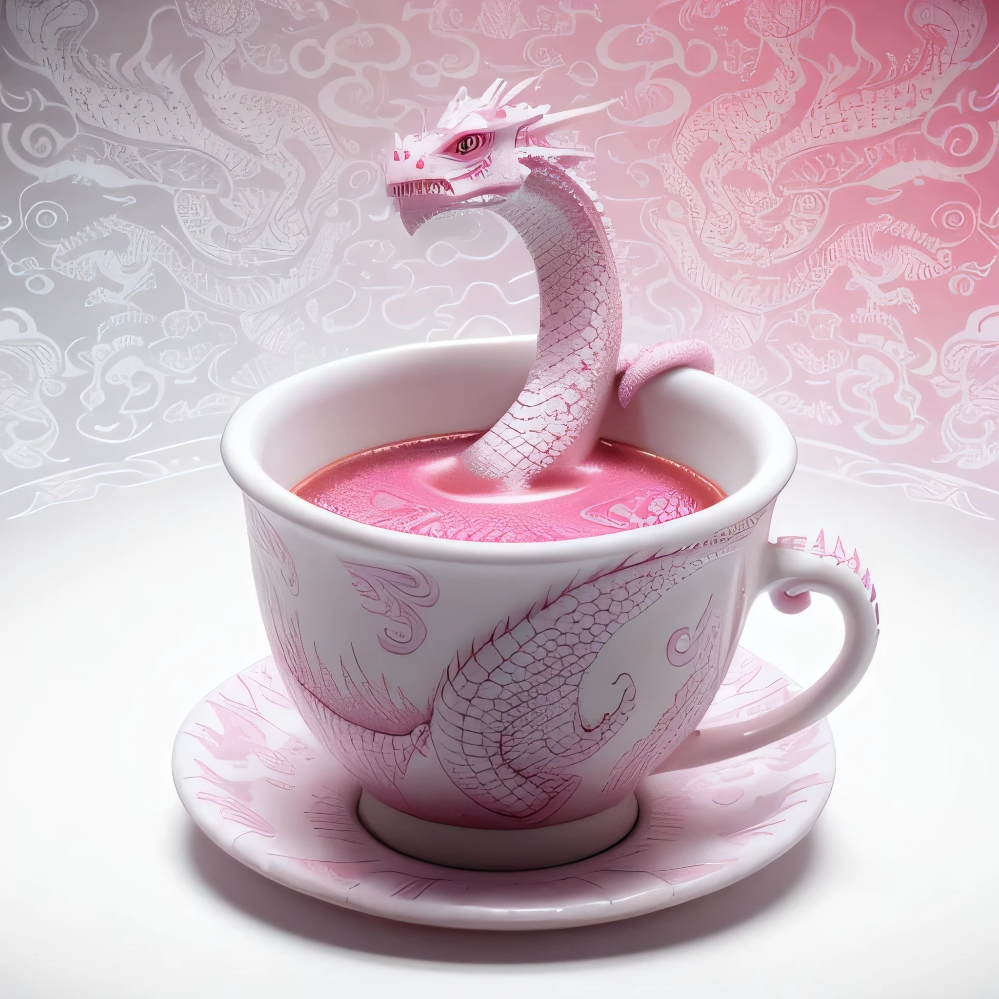 pink cup, white dragon pattern around the cup, dragon head in the middle, dragon detail, 4k