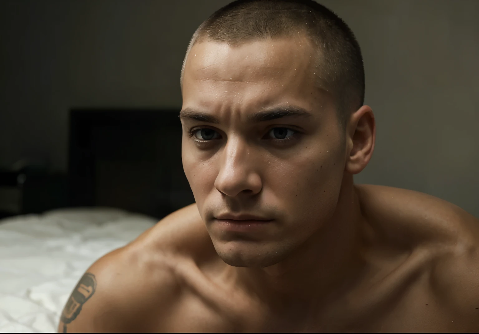 Generate an image of a 25-year-old man with a military-style buzz cut, gazing forward with a tired and weary expression. His eyes reflect the weight of exhaustion, conveying a sense of fatigue and weariness from life's burdens. Despite his youth, lines of tiredness etch his face, hinting at the challenges he has faced. His posture may be slouched, and his shoulders drooped, further emphasizing his exhaustion. This composition captures the poignant portrayal of a young man grappling with the strains of life, his tired gaze reflecting the trials he has endured.






