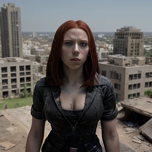 blackwidow, (very detailed), (ultra realistic), ((photography)), (masterpiece), (best quality), 1 girl, alone, breasts, (very short shirt), barefoot, ((abandoned city:1.2)), 3/4 view, dust, shadow