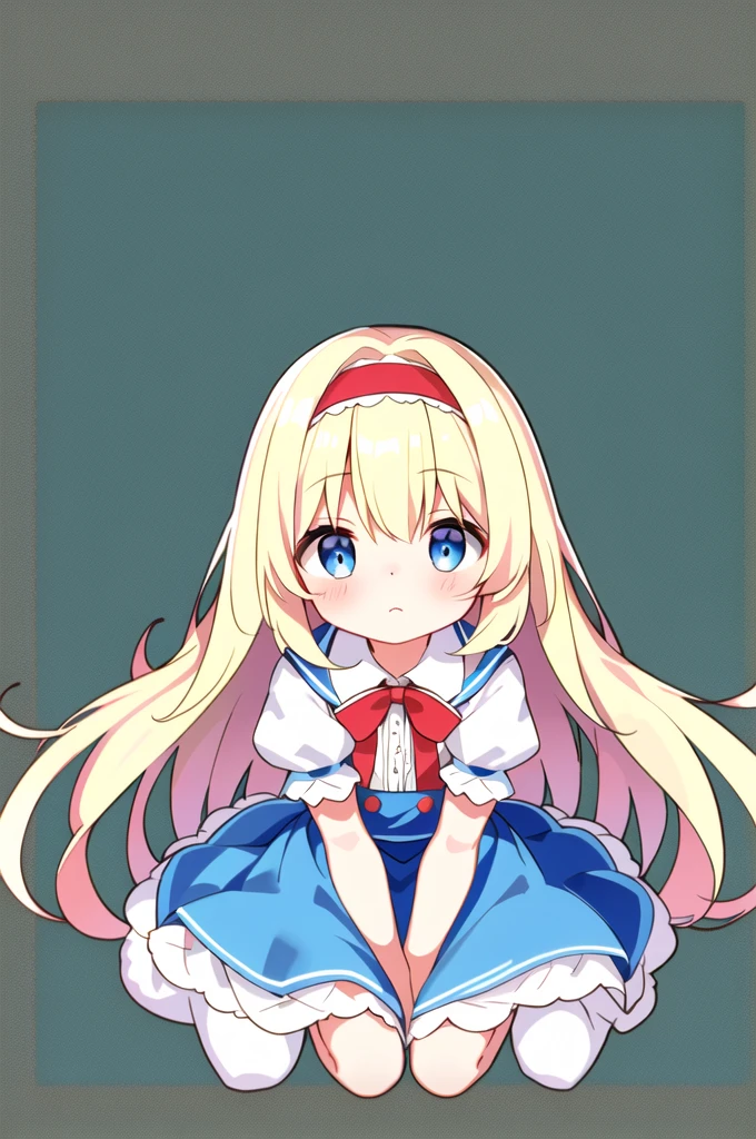 1 girl、(Top quality high resolution)、((A masterpiece of the highest quality:1.2))、blonde hair、blue eyes、Blue headband、(alice in wonderland)、white shirt、The sleeves are fluffy、blue apron、forested background、ウサギのstuffed toy、stuffed toy、hug、sit on top、hug a stuffed animal、primary school student、、Chiquita、look at the camera、embarrassed look、It is drawn from head to thigh、[[bad face]], [[fused fingers]]