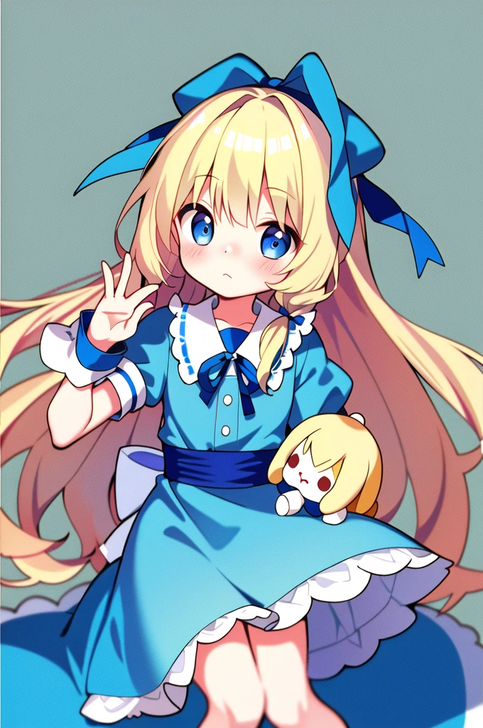 1 girl、(Top quality high resolution)、((A masterpiece of the highest quality:1.2))、blonde hair、blue eyes、Blue headband、(alice in wonderland)、white shirt、The sleeves are fluffy、blue apron、forested background、ウサギのstuffed toy、stuffed toy、hug、sit on top、hug a stuffed animal、primary school student、、Chiquita、look at the camera、embarrassed look、It is drawn from head to thigh、[[bad face]], [[fused fingers]]