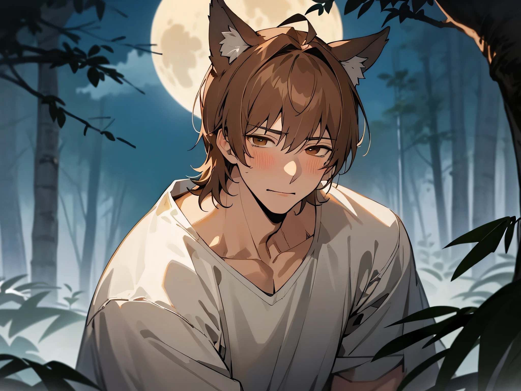master piece, highest quality, facial details,Dynamic Single,(((alone)))),25 year old male, Large size,((macho)), wolf ears,warm skin, , sharp eyes,dead eyes, looking at the viewer, white shirt ,naked,brown hair, Short Hair,face focus,a,Background night forest,full moon