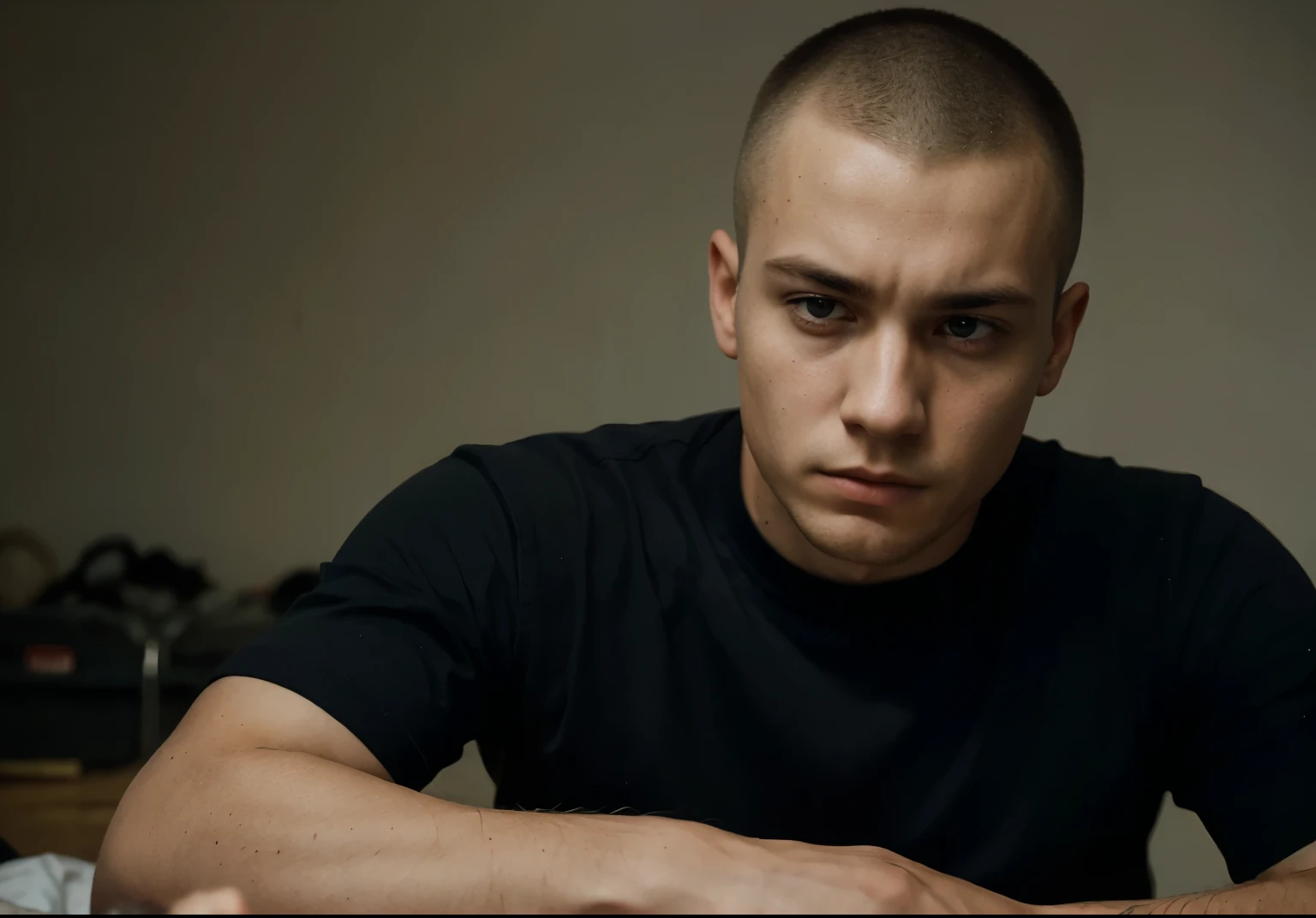 Generate an image of a 25-year-old man with a military-style buzz cut, gazing forward with a tired and weary expression. His eyes reflect the weight of exhaustion, conveying a sense of fatigue and weariness from life's burdens. Despite his youth, lines of tiredness etch his face, hinting at the challenges he has faced. His posture may be slouched, and his shoulders drooped, further emphasizing his exhaustion. This composition captures the poignant portrayal of a young man grappling with the strains of life, his tired gaze reflecting the trials he has endured.






