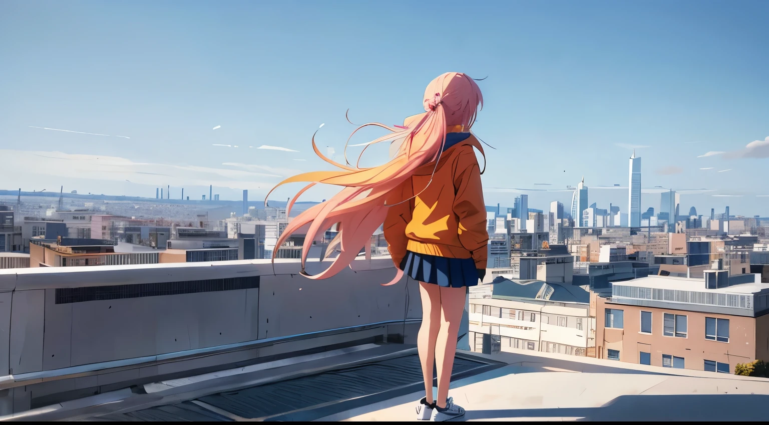 1 girl, pink twintails, Modern Hoodie, skirt, Converse Shoes, modern city, On the edge of the roof of the skyscape, One, sun, blue sky, cloud, ((shot from behind)), Low - Angle, volume light, 8K, highest quality, sharp, be familiar with