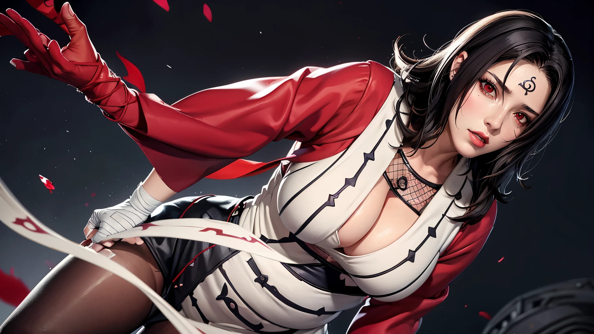 （（（完美figure，figure，forehead protector，bandaged hand，konohagakure symbol，fishnets，Red single sleeve，White striped clothes，（（（Kurenai Yuhi, black hair, red eyes, long hair,makeup，red eyes，lipstick，）））型figure:1.7））），((masterpiece)),high resolution, ((Best quality at best))，masterpiece，quality，Best quality，（（（ Exquisite facial features，looking at the audience,There is light in the eyes，Happy，nterlacing of light and shadow，huge boobs））），（（（looking into camera，black background，Pregnant，The lower abdomen is raised）））