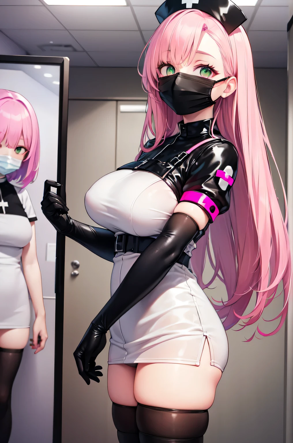 black nurse, 1woman, solo, black nurse cap, black nurse uniform, ((black legwear, zettai ryouiki)), black elbow gloves, pink hair, green eyes, drooping eyes, ((black surgical mask, covered nose)), standing, ((surgery room)), sharp outline, short sleeves, mature female, 32 years old, best quality, masterpiece