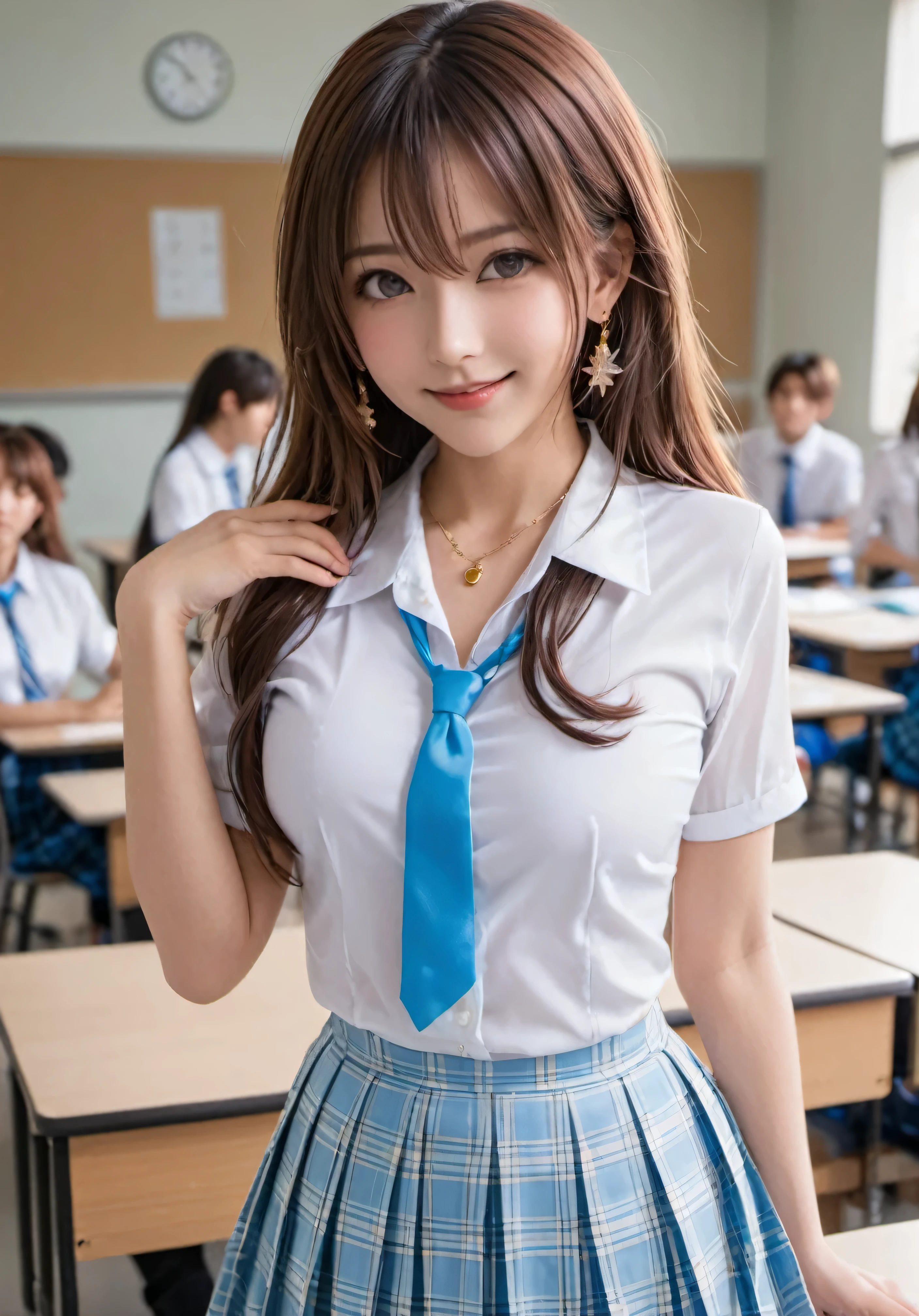 photograph, confused, High resolution, Super detailed, maid girl,:d,((Hair with loose waves on the inside:1.2)),((gold necklace＿Larger earrings:1.2)),((Super long brown hair:1.2))、((White collar shirt、Light blue plaid pleated skirt:1.4)、、high 、in a high school classroom、(( shy smile:1.3)),((chest thrusting pose, chest bragging pose:1.4)),((look down at the viewer,from below:1.5))、arms up