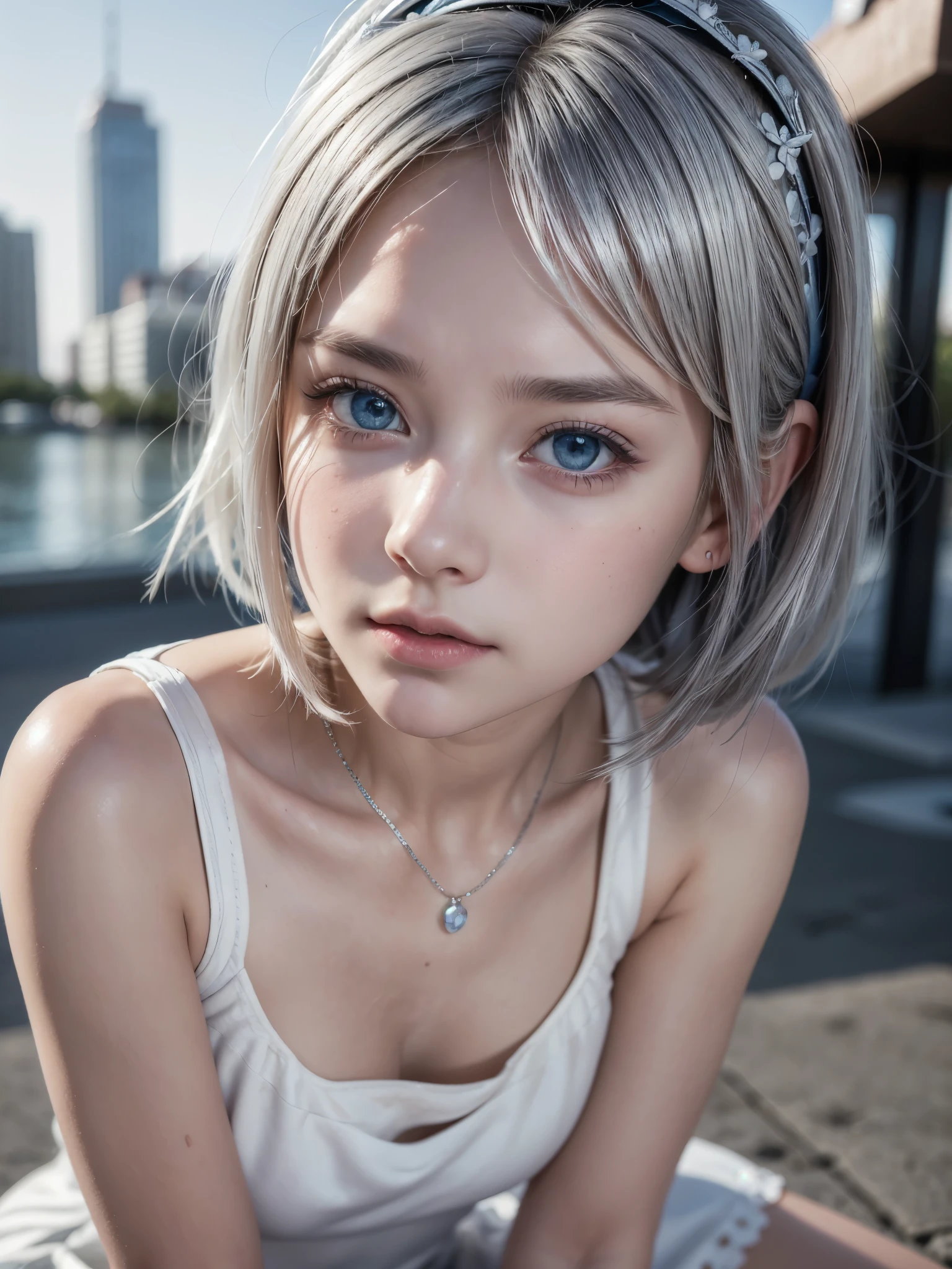 (masterpiece:1.3), (8K、photorealistic, Raw photo, best quality:1.4), (1 girl), (solo), ( beautiful silver-haired Scandinavian girl), (Very beautiful and attractive woman, beautiful silver hair、intense blue eyes, strong eye highlights), (cute, little:1.5), (very beautiful face:1.5), (Beautiful face with perfect symmetry:1.2), (cute face:1.5), (wonderful smile:1.2), (perfect anatomy), (high detail skin: 1.2), (natural breasts), (beautiful thighs), (Intense blue eyes), (Beautiful silver hair bob cut), crossed bangs, asymmetrical bangs, lip gloss, (accurate arm, five fingers, accurate legs), (Detailed white dress, mini skirt:1.2), (The dress features white detailed lace., Decorated with silver embroidery), (Silver decorative headband, necklace), (Stylish high heels), Attractive, ultra high resolution, Super realistic, extremely detailed, golden ratio, Photorealistic anime girl rendering, Realistic anime 3D style, look at viewer, A summer resort in the highlands, Beautiful mountain and forest background,