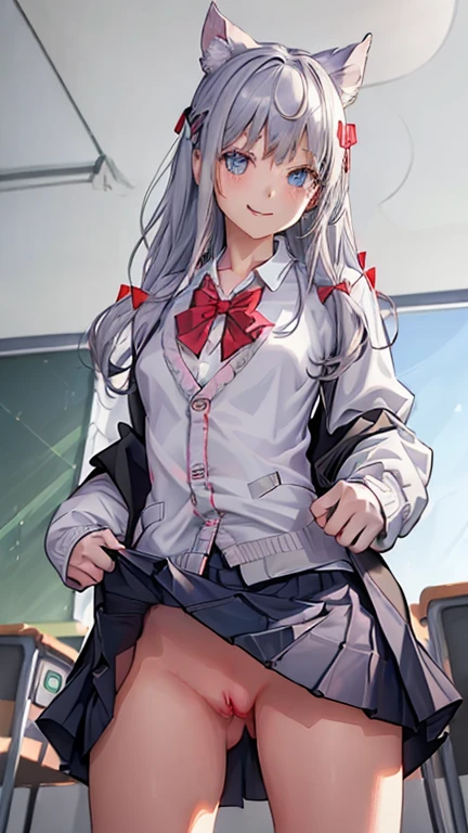 ((1 girl:1.5))、(Smile:1.5)、(blush)、shirt、女式shirt、((pleasure!!))、Chirality、(small breasts)、(silver hair)、(dog ears)、(Eye highlights:1.3)、blake black footwear,(黒いskirt)、bow, button, 襟の付いたshirt, long sleeve,  ((red bow tie, , black jacket, open jacket, (white cardigan:1.5), 白のshirt, 黒のskirt, チェック柄のskirt、white sock)),, shirtを,, skirt, sock, thigh, 白い shirt, Rest indoors, ((classroom:1.5))、 When watching audienceBREAK、(skirtを掴む:1.5)、 (perfect hands, perfect anatomy),Cowboy shooting、(skirt lift:1.3), (pull)、((shaved pussy:1.5))、(skirt that rolls up:1.3)、(Highly detailed fully exposed:1.5)、(Photos from below:1.5)、light blue eyes、long hair、(Raise one leg:1.5)