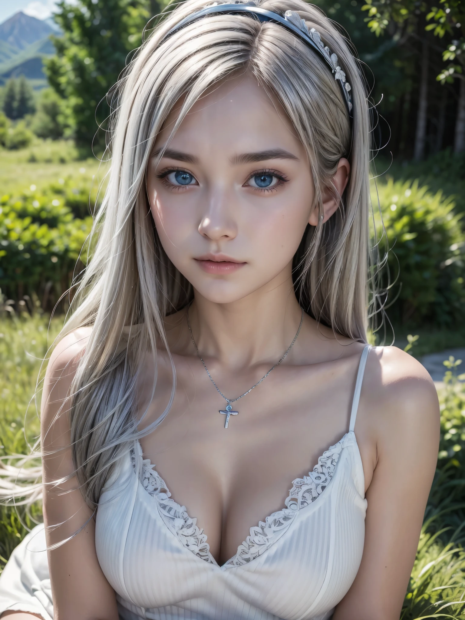 (masterpiece:1.3), (8K、photorealistic, Raw photo, best quality:1.4), (1 girl), (solo), ( beautiful silver-haired Scandinavian girl), (Very beautiful and attractive woman, beautiful silver hair、intense blue eyes, strong eye highlights), (cute, little:1.5), (very beautiful face:1.5), (Beautiful face with perfect symmetry:1.2), (cute face:1.5), (wonderful smile:1.2), (perfect anatomy), (high detail skin: 1.2), (natural breasts), (beautiful thighs), (Intense blue eyes), (Beautiful silver hair bob cut), crossed bangs, asymmetrical bangs, lip gloss, (accurate arm, five fingers, accurate legs), (Detailed white dress, mini skirt:1.2), (The dress features white detailed lace., Decorated with silver embroidery), (Silver decorative headband, necklace), (Stylish high heels), Attractive, ultra high resolution, Super realistic, extremely detailed, golden ratio, Photorealistic anime girl rendering, Realistic anime 3D style, look at viewer, A summer resort in the highlands, Beautiful mountain and forest background,