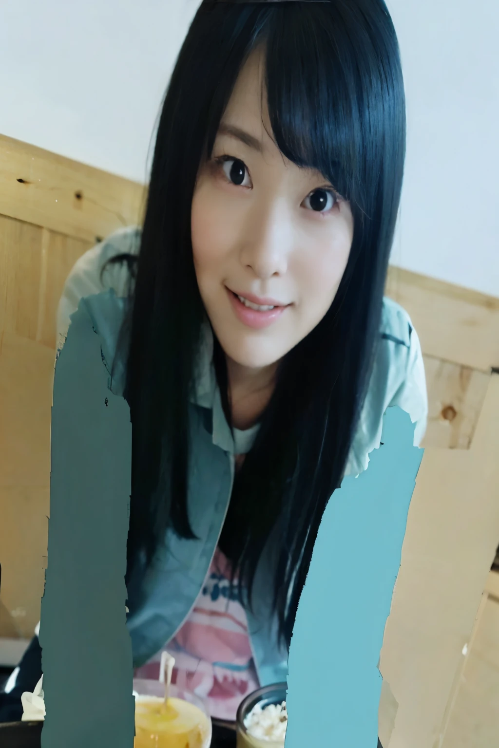 there is a woman sitting at a table with a plate of food, Yoshitomo Nara, mayuri shiina, chiho, kimi takemura, aoshima chiho, kotegawa yui, narumi kakinouchi, sui ishida with black hair, [32k hd]^10