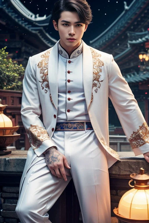 handsome young man, 25 years old, Asia, expert'your work, Best picture quality, higher quality, Highly detailed, Ultra high resolution, 8k resolution, delicate facial features, boy, Big muscles, tattoo, glowing eyes, short hair, hair details, [[turn away, look to the side, Focus on homosexuality and pay attention to every detail.. , Open Hanfu Sheer Gauze Jacket, White rubber pants, at night, starry sky, flying flowers. waterfall, mountain, dragon circle, Chinese patio background (((((Convex crotch)))))