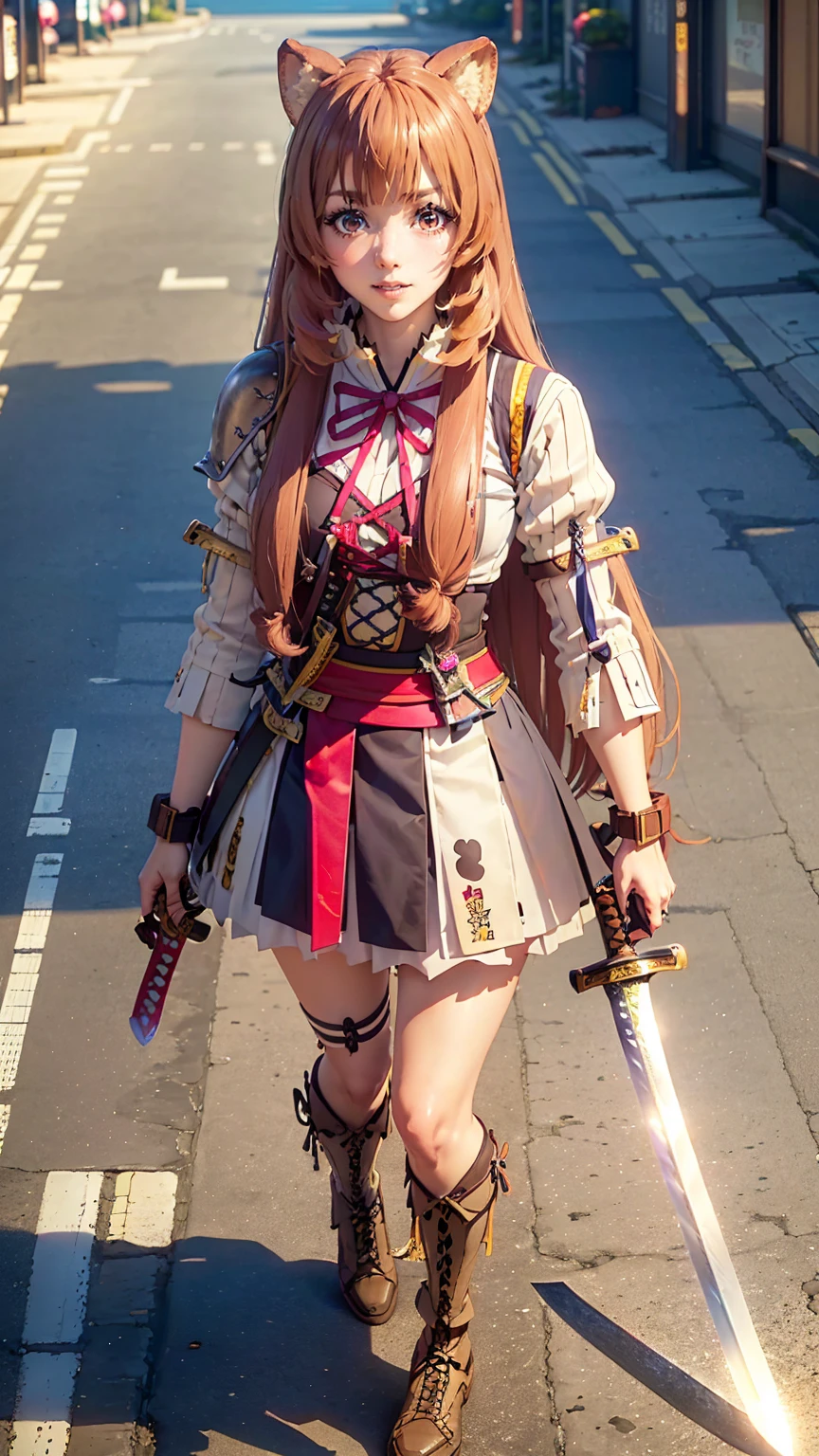  Raphtalia, brown hair, animal ears, red eyes,(Smiled face 1.8)(Smiling Face Eyes 1.8)happy face、fun face、Drawing moving hands and feet、wear boots(Look at this:1.5)(full body shot:1.2)(Harajuku Takeshita Street:1.5), full body photo, convenience store,自転car、car、Super Cub、Passer-by、(Distant view of modern Japanese cities:1.5)、(raise one&#39;long sword:1.8),(Assault rifle held horizontally:1.8)