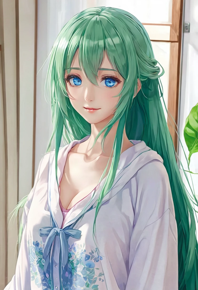 Anime girl, blue eyes, long green hair, beautiful girl wearing home clothes