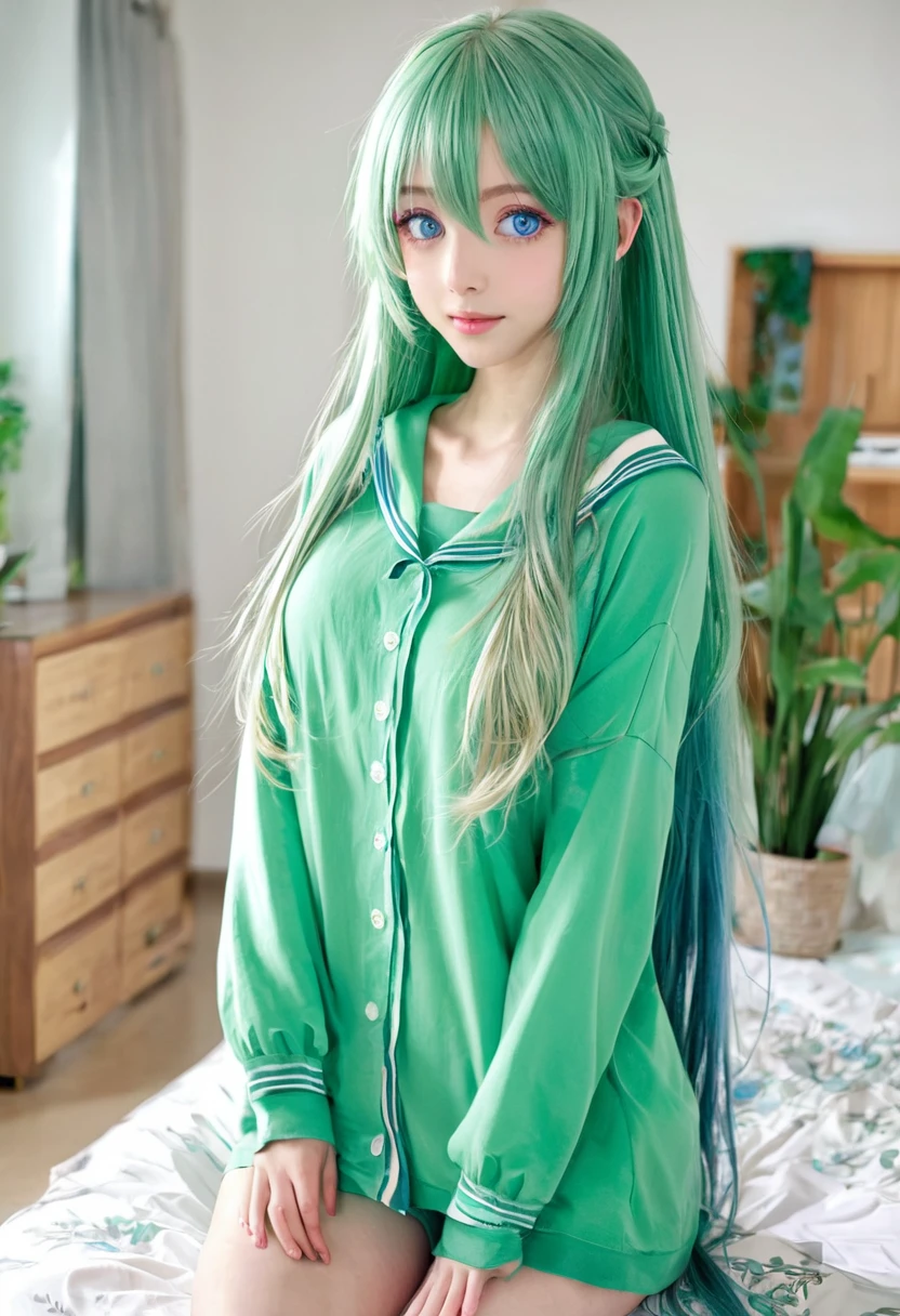 Anime girl, blue eyes, long green hair, beautiful girl wearing home clothes