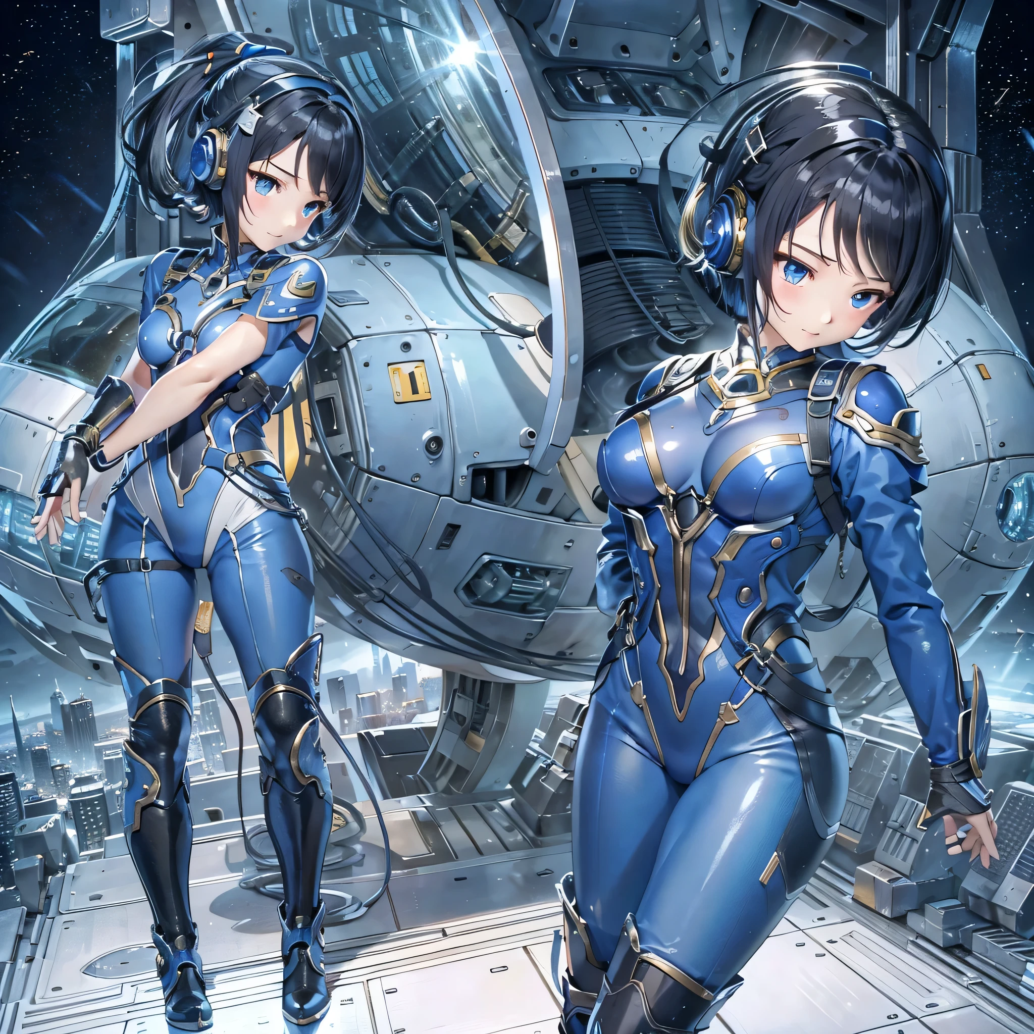 (masterpiece、highest quality、highest resolution、clear_image、detailed details、Angle from above): (full body figure、One 20 year old girl、Japanese faces、small face、Slender、Navy blue super short bob cut hair、(hidden small breasts:1.3)、sparkling blue eyes、Shiny pilot suit in blue and black colors、armor that protects the chest、tight fitting clothes、clothes that cover the whole body、shiny clothes、tight fit pants、hide the skin、very delicate and beautiful、detailed skin、hide thighs、hide your butt、cute type、gentle smile、soft expression、heroine、headset、Knee-high boots、gloves up to the elbow、eye level shot、facing directly、woman on a spaceship)