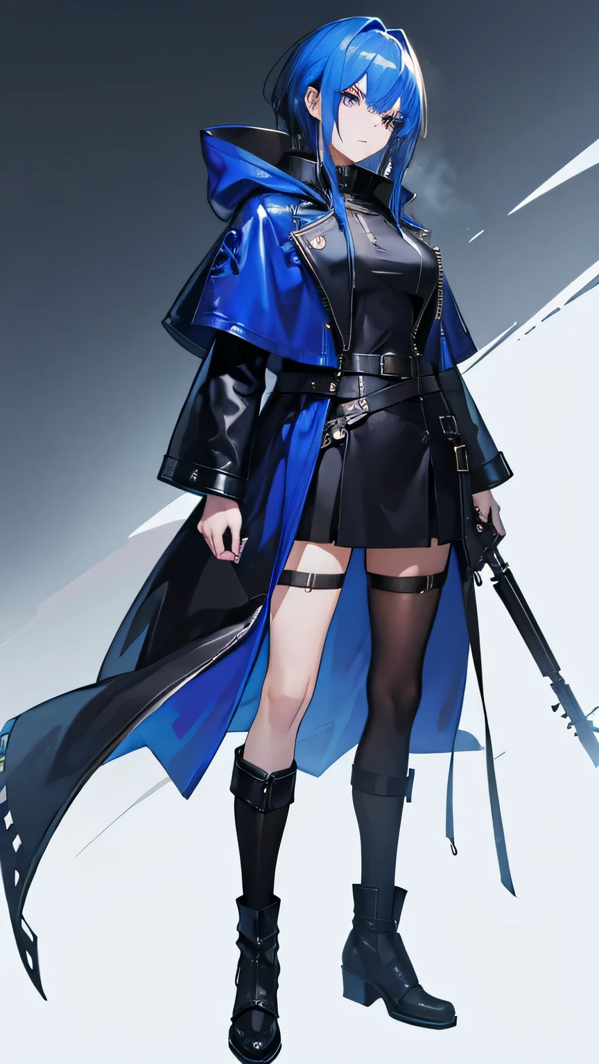 apocalyptic style,Blue-haired royal sisteerce expression,hunter,cloak cloak,whole body,British style,Leather jacket,girl,Denim Leather Jacket,clothing,gun in hand