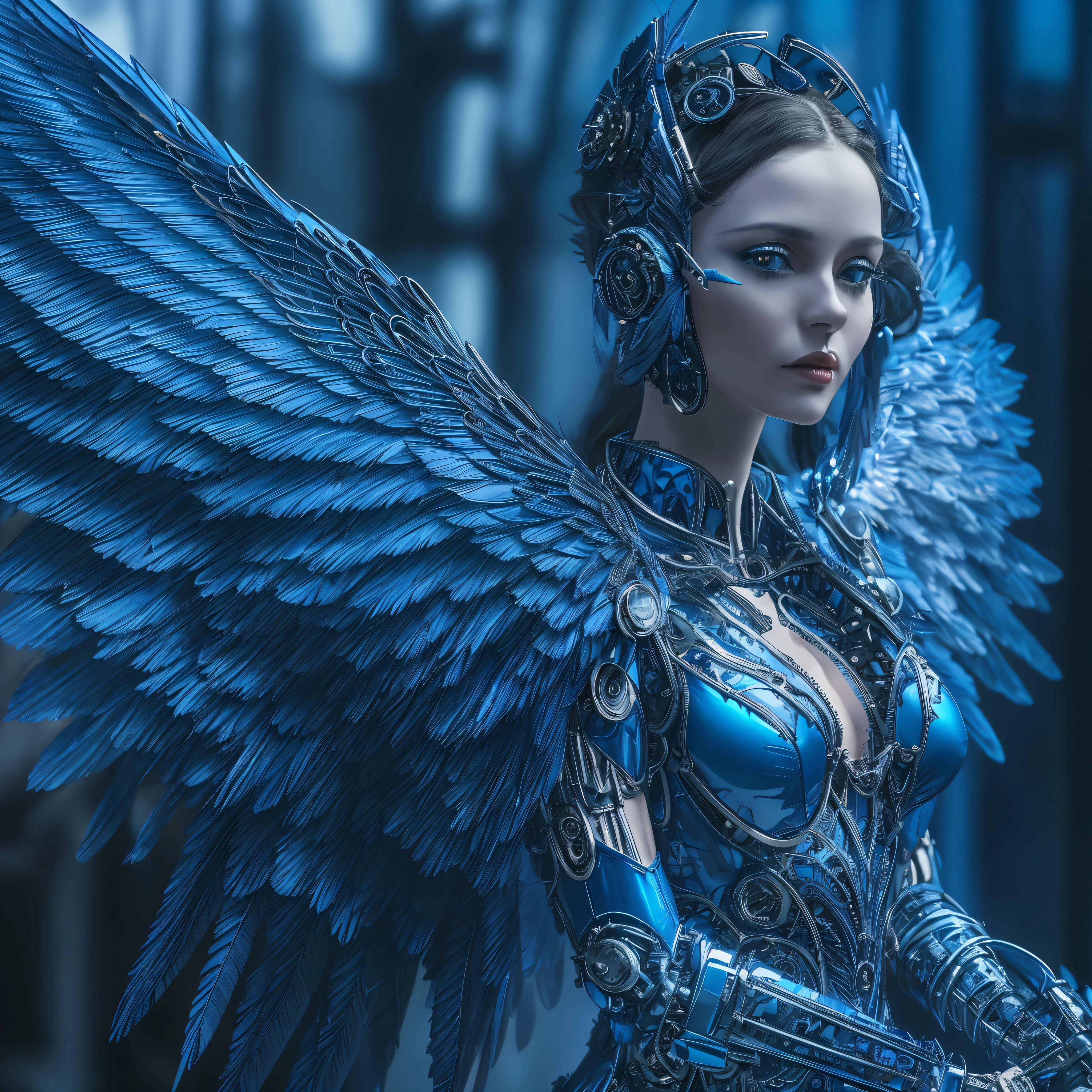 Close-up of a woman in a blue dress with wings, full body angel, futuristic robot angel, amazing angel wings, angel knight gothic girl, angel in plastic armor, intricate costume designs, As a mysterious Valkyrie, The whole body is made of blue feathers,, futuristic and fantastic, Blue wings, beautiful angel wings, steampunk angel, beautiful cyborg angel girl, graceful wings