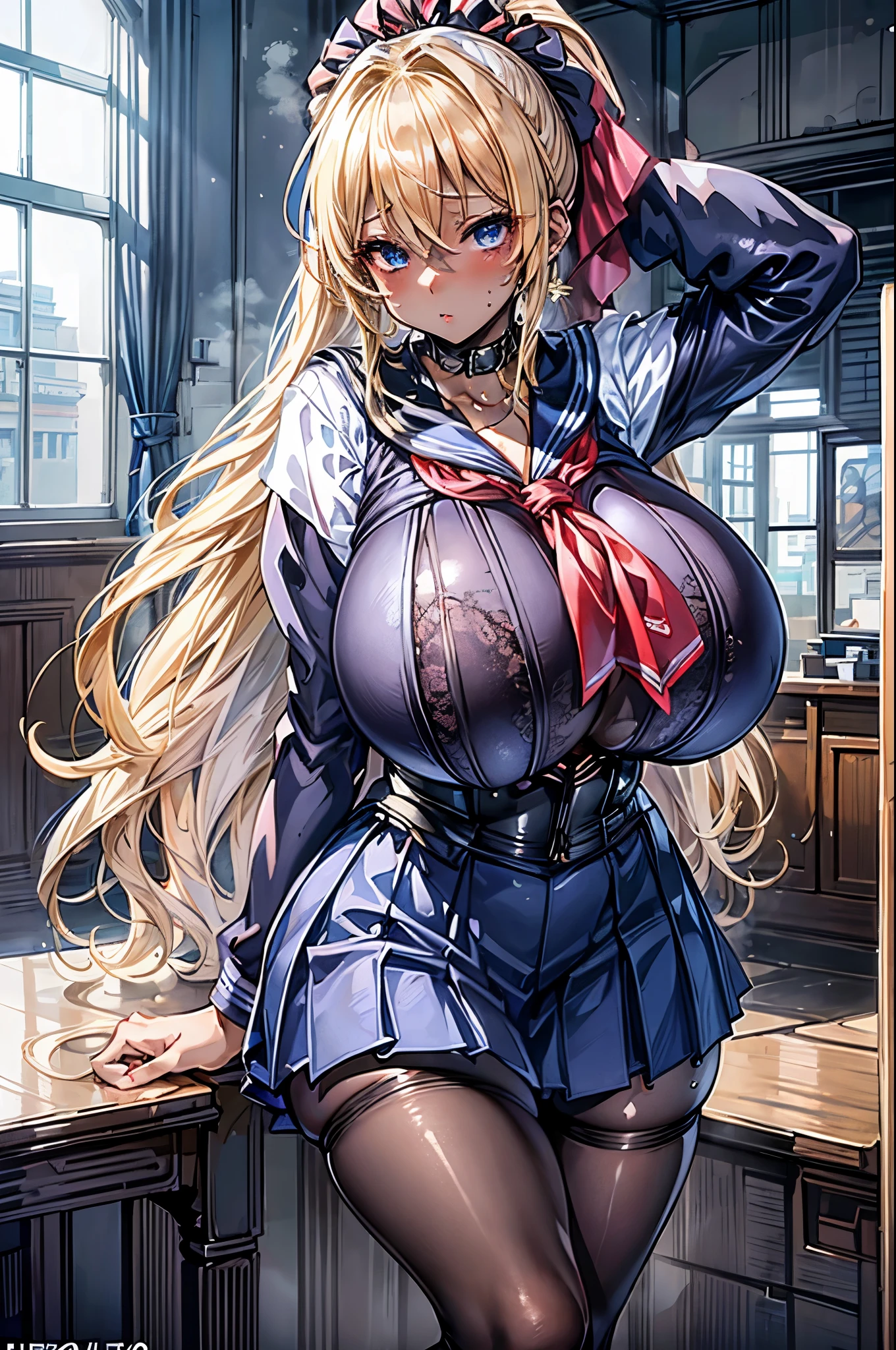 (masterpiece:1.2、highest quality、T Masterpiece)、1 female、alone、classroom、Day、stand、blonde、ponytail、blue eyes、(sailor suit:1.4)、(black skin:1.4)、big breasts、pantyhose、put your hands behind your head、corset、earrings、lipstick、very sweaty、Scrunchie、choker、blush、Lead Collar