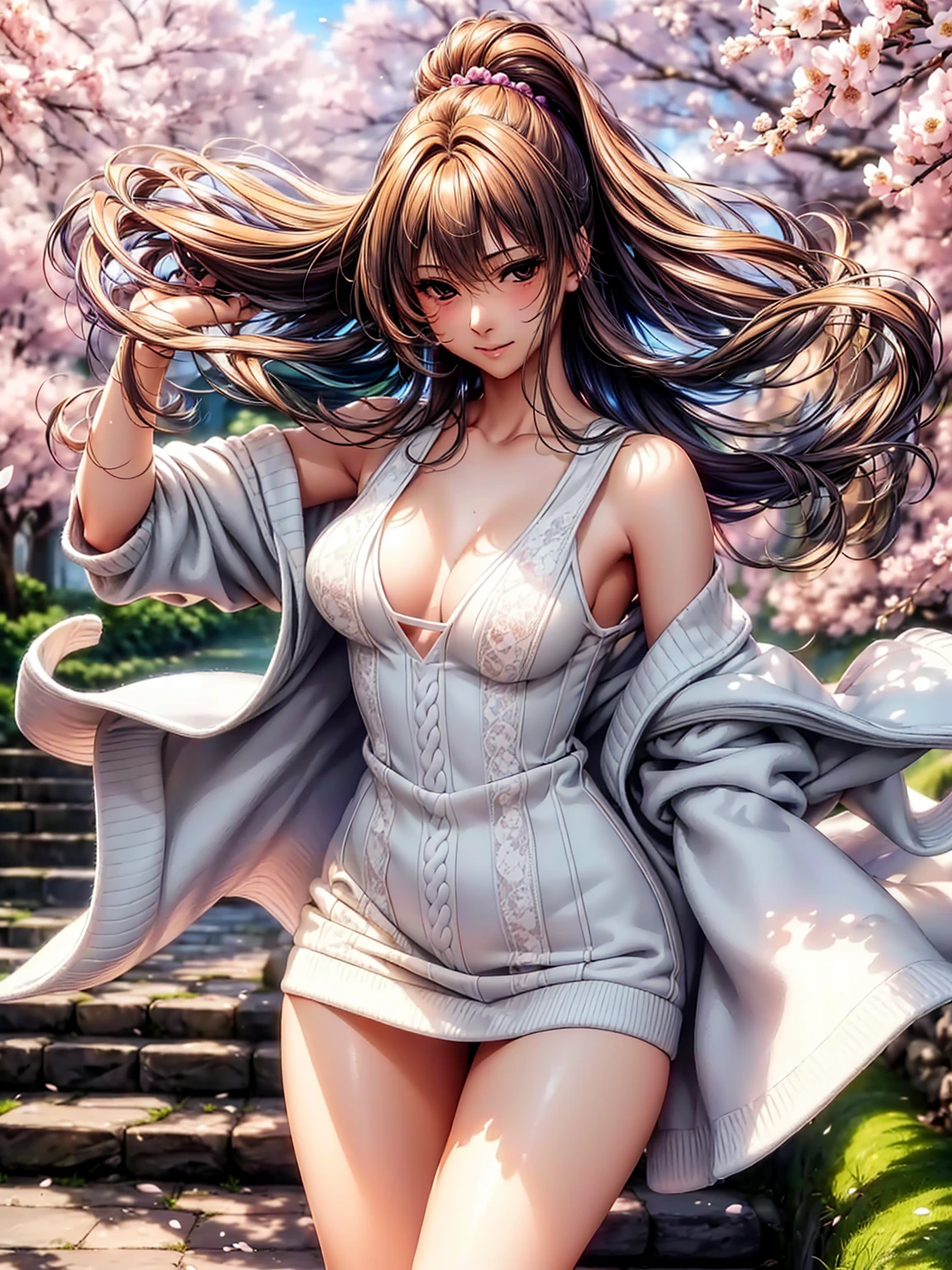 (((highest quality、masterpiece、very high resolution、High-definition images)))、Beauty Painting、realistic portrait、One strong-willed beautiful girl:18-year-old、beautiful body:Slender, beautiful breasts and beautiful legs、beautiful face:smile、eyes with strong will,beautiful hair:various hairstyles 、(best skin and hair texture,realistic skin texture,realistic hair texture)、((Large Sweater:Shoulders and chest are exposed、lace panties))、beautiful park、beautiful cherry blossoms、stone steps、beautiful sky、Natural light、beautiful scenery、model pose、beautiful pose、model shoot、fashion shoot、(((The wind is blowing))),stone stepsを登り下から見上げるアングル,accurate image:1.5、accurate anatomy:1.5、Image without defects、perfect image、Overall image、(best shot、Raw photo: 1.2)