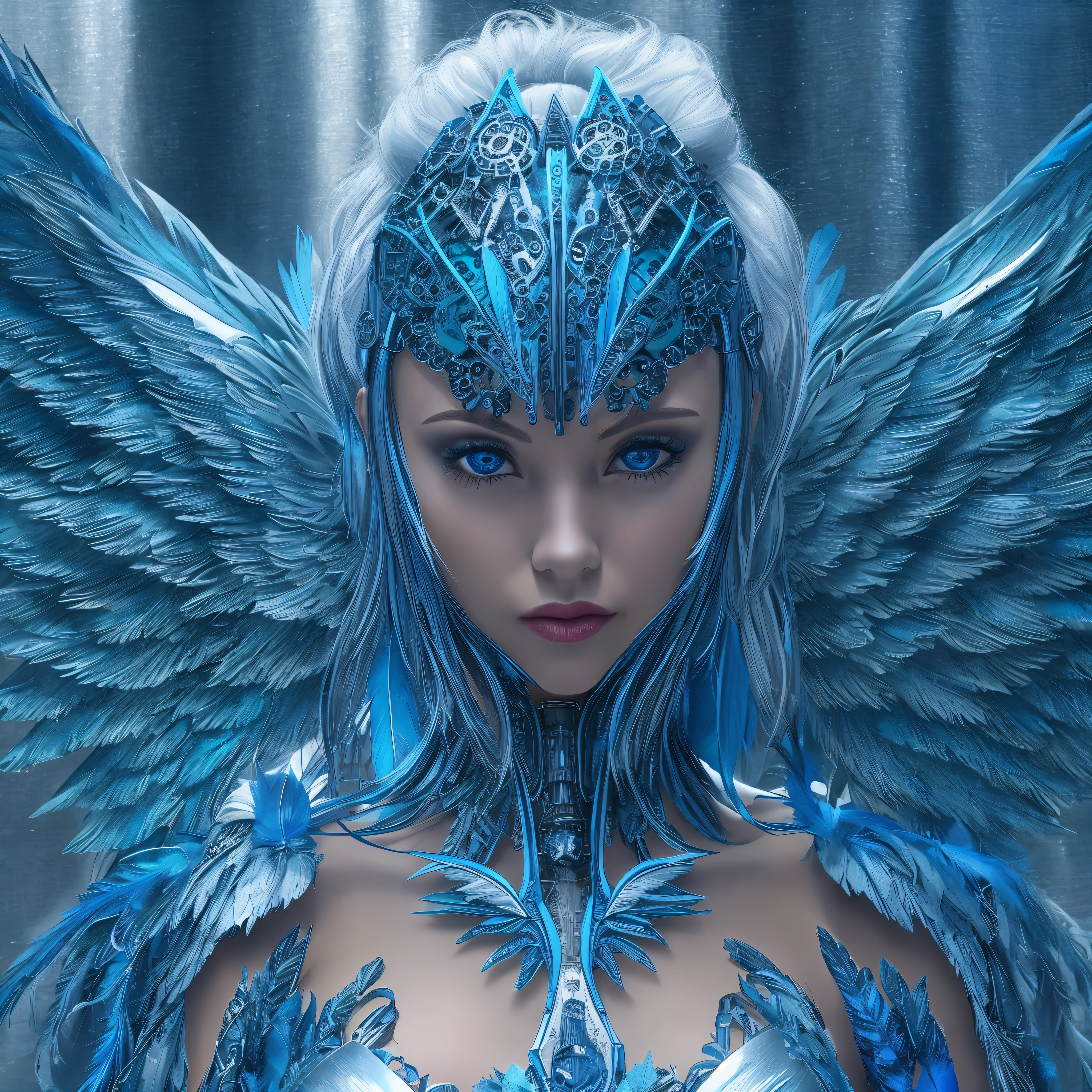 Close-up of a woman in a blue dress with wings, full body angel, futuristic robot angel, amazing angel wings, angel knight gothic girl, angel in plastic armor, intricate costume designs, As a mysterious Valkyrie, The whole body is made of blue feathers,, futuristic and fantastic, Blue wings, beautiful angel wings, steampunk angel, beautiful cyborg angel girl, graceful wings