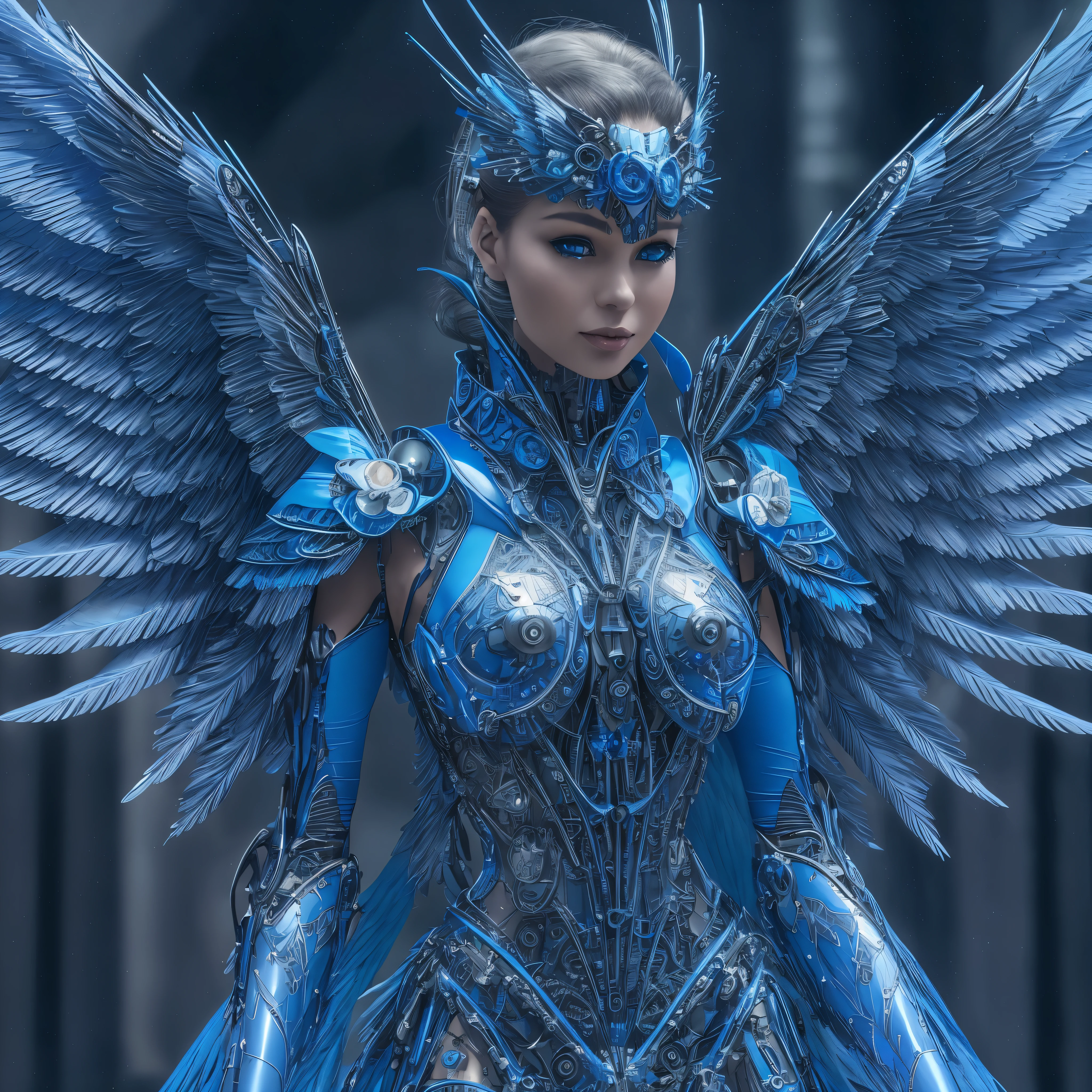 Close-up of a woman in a blue dress with wings, full body angel, futuristic robot angel, amazing angel wings, angel knight gothic girl, angel in plastic armor, intricate costume designs, As a mysterious Valkyrie, The whole body is made of blue feathers,, futuristic and fantastic, Blue wings, beautiful angel wings, steampunk angel, beautiful cyborg angel girl, graceful wings