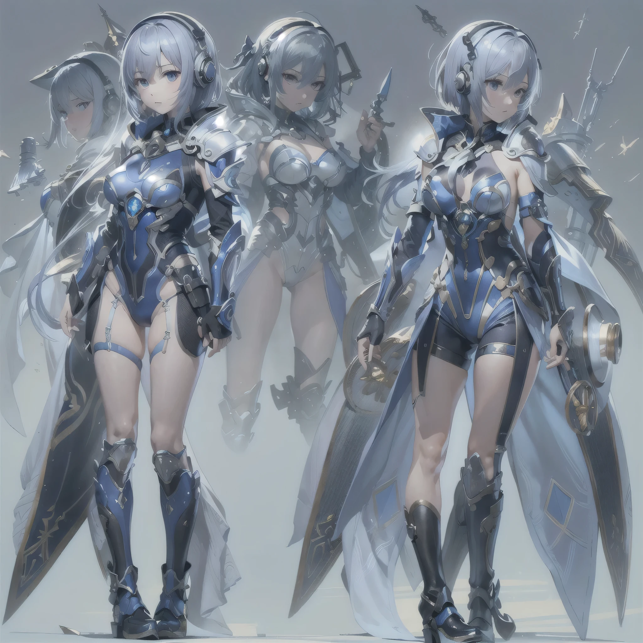 (masterpiece、highest quality、highest resolution、clear_image、detailed details、Angle from above): (full body figure、One 20 year old girl、Japanese faces、small face、Slender、Navy blue super short bob cut hair、(hidden small breasts:1.3)、sparkling blue eyes、Shiny pilot suit in blue and black colors、armor that protects the chest、tight fitting clothes、clothes that cover the whole body、shiny clothes、tight fit pants、hide the skin、very delicate and beautiful、detailed skin、hide thighs、hide your butt、cute type、gentle smile、soft expression、heroine、headset、Knee-high boots、gloves up to the elbow、eye level shot、facing directly、woman on a spaceship)