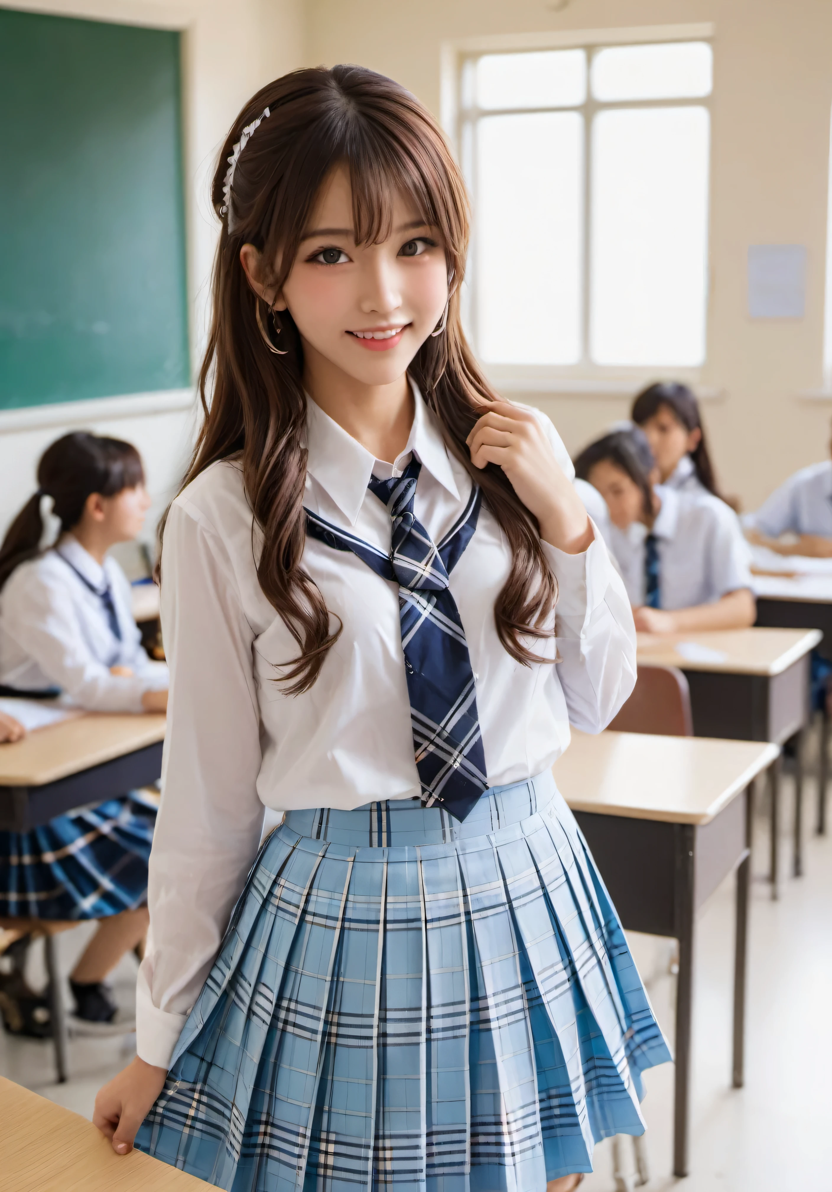 photograph, confused, High resolution, Super detailed, maid girl,:d,((Hair with loose waves on the inside:1.2)),((gold necklace＿Larger earrings:1.2)),((Super long brown hair:1.2))、((White collar shirt、Light blue plaid pleated skirt:1.4)、、high 、in a high school classroom、((shy smile:1.3)),
