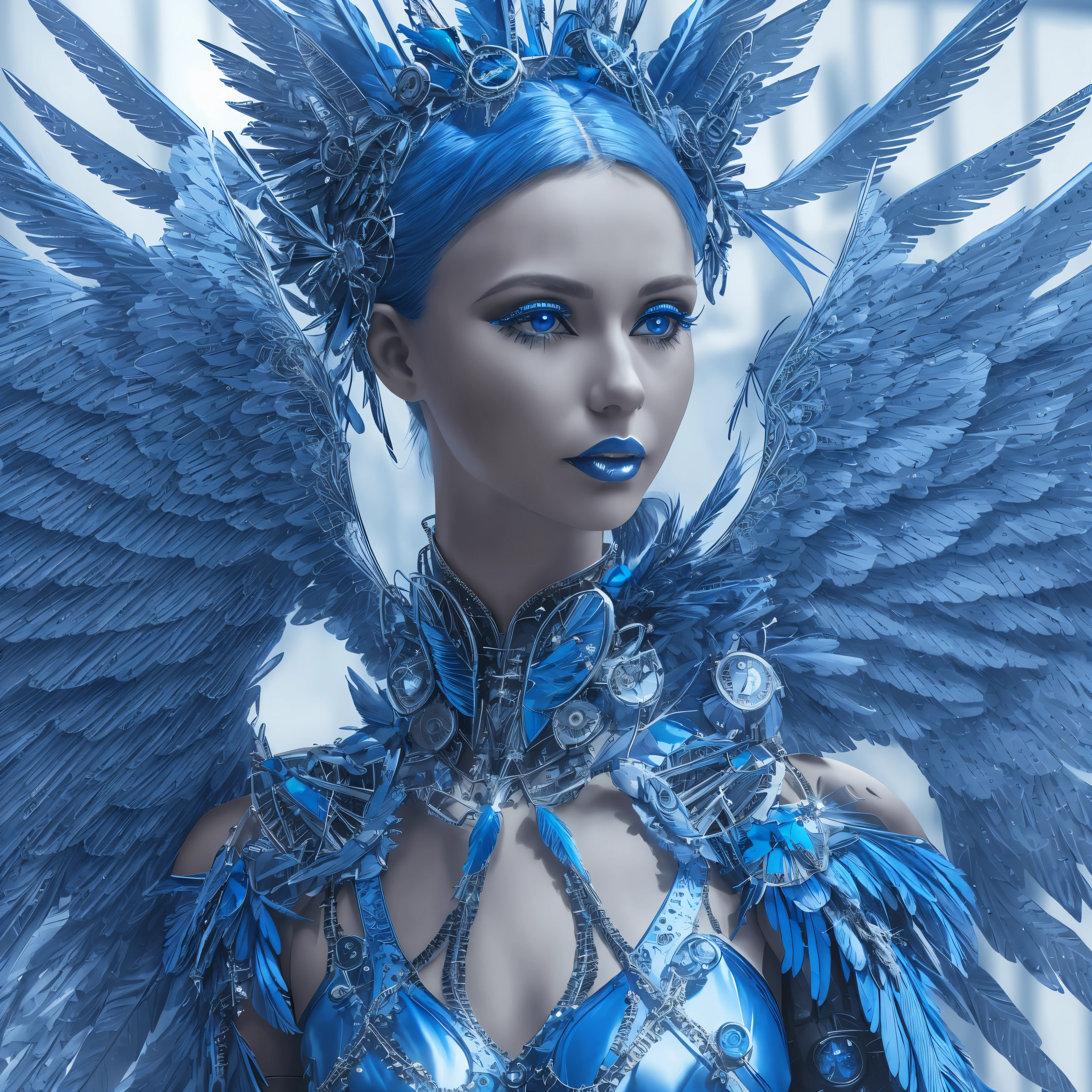 Close-up of a woman in a blue dress with wings, full body angel, futuristic robot angel, amazing angel wings, angel knight gothic girl, angel in plastic armor, intricate costume designs, As a mysterious Valkyrie, The whole body is made of blue feathers,, futuristic and fantastic, Blue wings, beautiful angel wings, steampunk angel, beautiful cyborg angel girl, graceful wings
