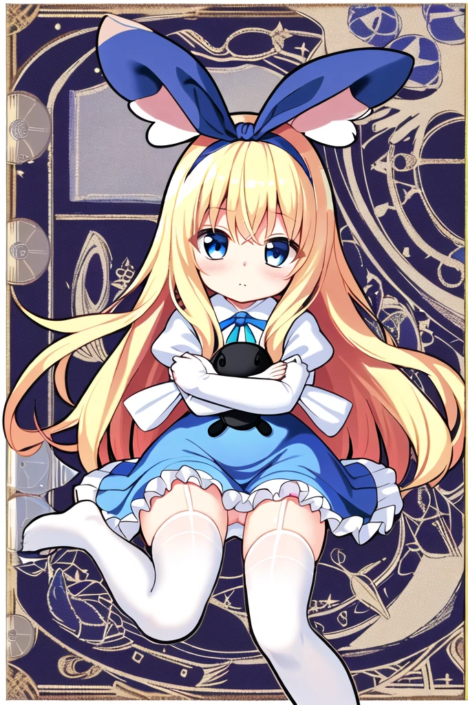 1 girl、(Top quality high resolution)、((A masterpiece of the highest quality:1.2))、blonde hair、blue eyes、Blue headband、(alice in wonderland)、white shirt、The sleeves are fluffy、blue apron、No panties、Pussy、spread pussy、forested background、ウサギのstuffed toy、stuffed toy、hug、sit on top、hug a stuffed animal、primary school student、、Chiquita、look at the camera、embarrassed look、It is drawn from head to thigh、[[bad face]], [[fused fingers]]