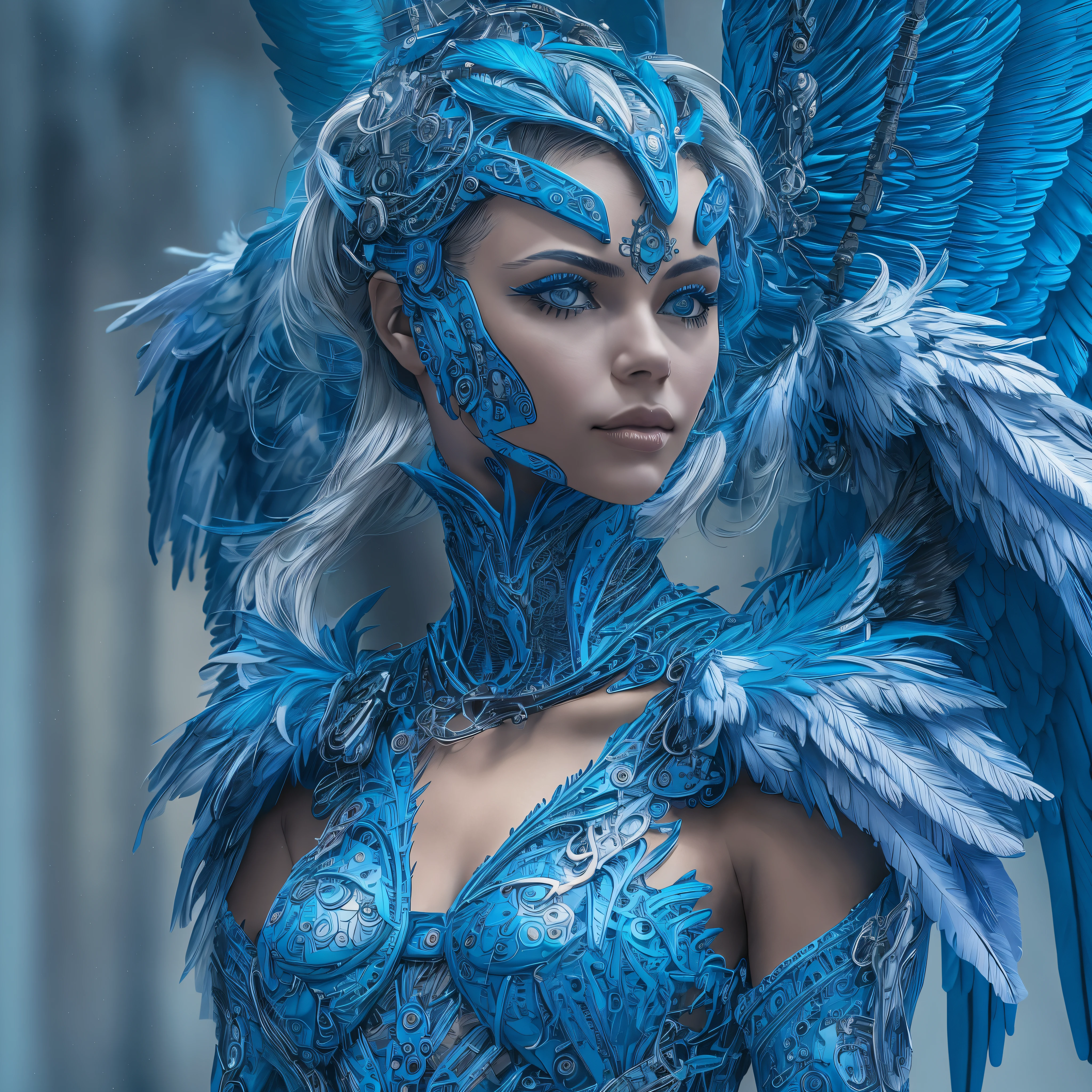 Close-up of a woman in a blue dress with wings, full body angel, futuristic robot angel, amazing angel wings, angel knight gothic girl, angel in plastic armor, intricate costume designs, As a mysterious Valkyrie, The whole body is made of blue feathers,, futuristic and fantastic, Blue wings, beautiful angel wings, steampunk angel, beautiful cyborg angel girl, graceful wings