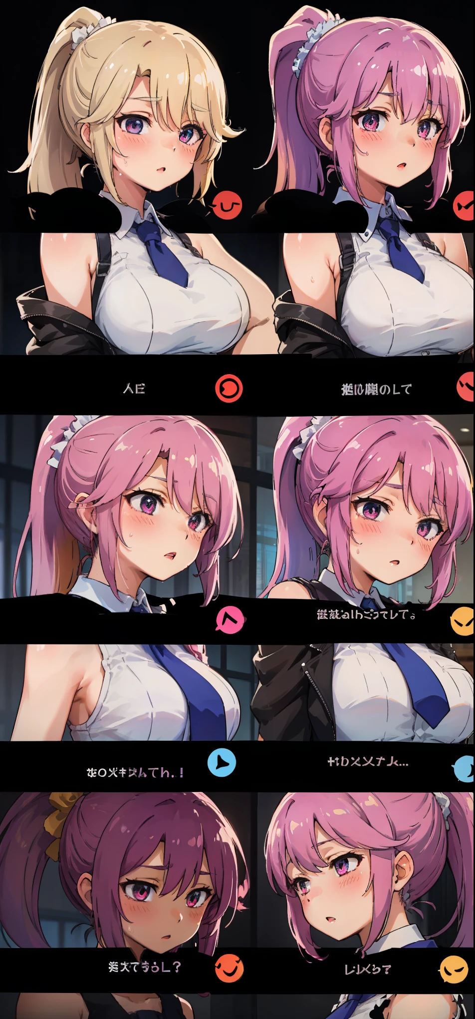Jibril, (standing), blushed, perfect anatomy, detailed eyes, detailed lips, extremely detailed eyes and face, vivid colors, sharp focus, masterpiece:1.2, ultra-detailed, blushed, ((doggystyle)), (solo), ((tie)), sleeveless, ((((ponytail)))), story, (((charecter sheet))).