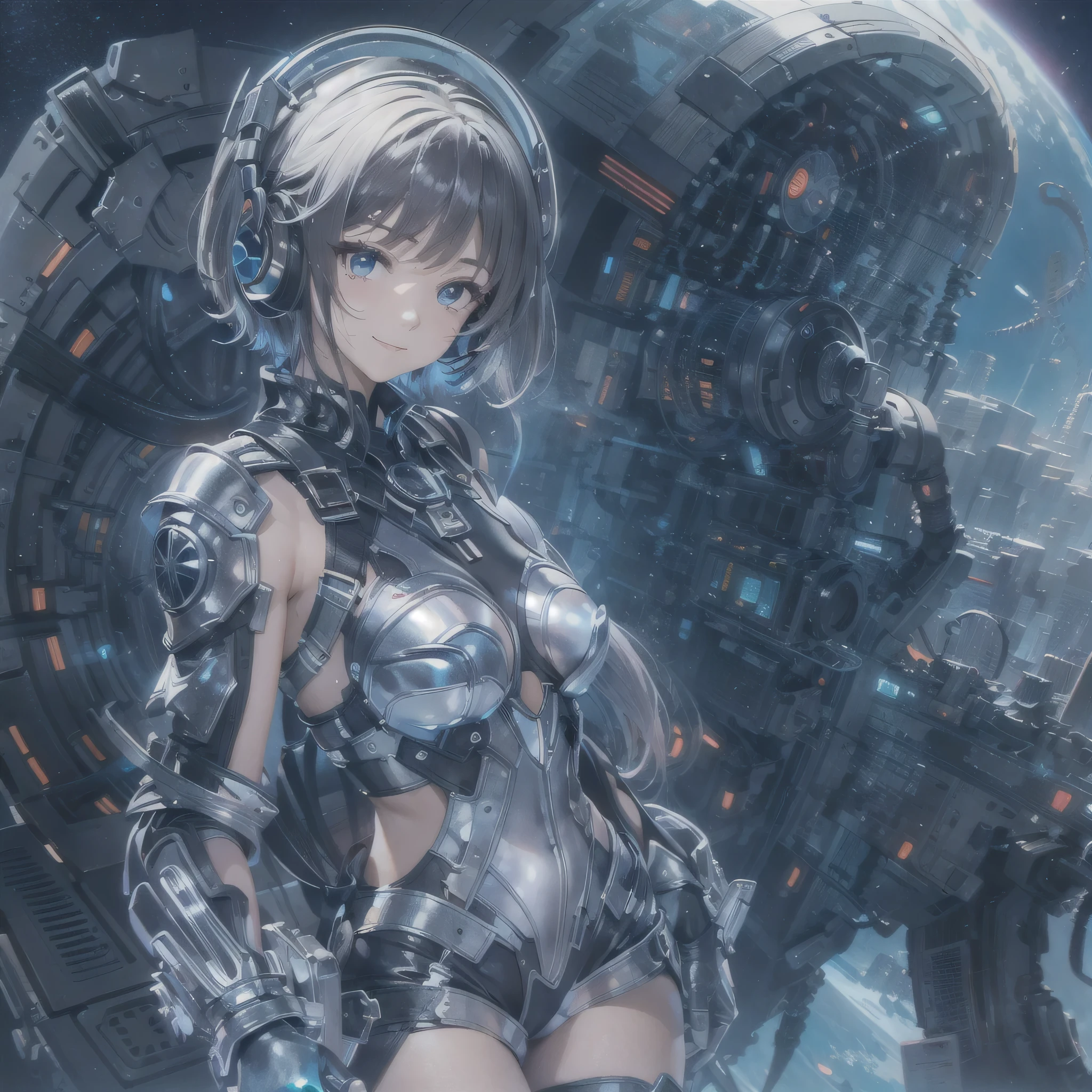 (masterpiece、highest quality、highest resolution、clear_image、detailed details、Angle from above): (full body figure、One 20 year old girl、Japanese faces、small face、Slender、Navy blue super short bob cut hair、(hidden small breasts:1.3)、sparkling blue eyes、Shiny pilot suit in blue and black colors、armor that protects the chest、tight fitting clothes、clothes that cover the whole body、shiny clothes、tight fit pants、hide the skin、very delicate and beautiful、detailed skin、hide thighs、hide your butt、cute type、gentle smile、soft expression、heroine、headset、Knee-high boots、gloves up to the elbow、eye level shot、facing directly、woman on a spaceship)