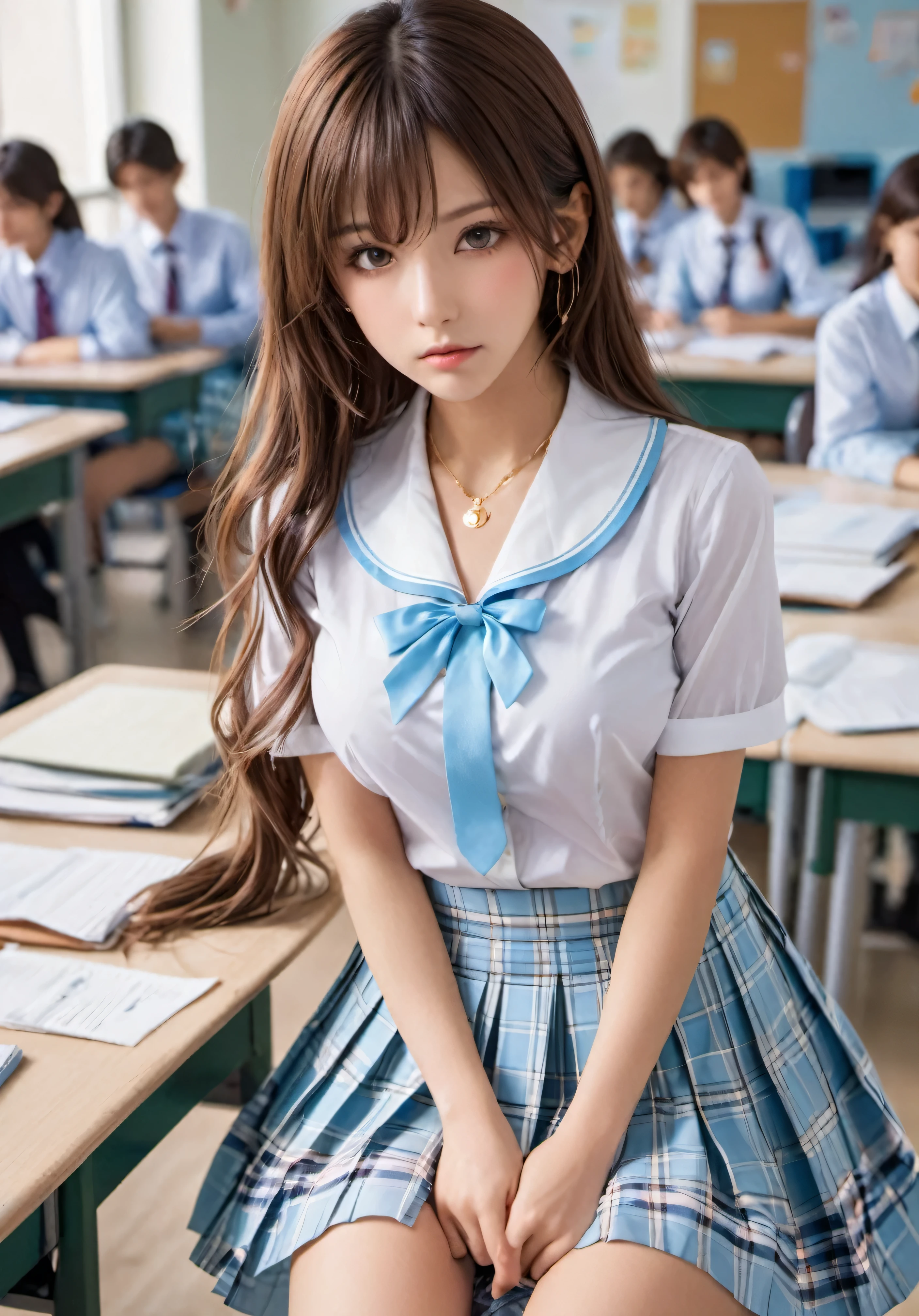 photograph, confused, High resolution, Super detailed, maid girl,:d,((Hair with loose waves on the inside:1.2)),((gold necklace＿Larger earrings:1.2)),((Super long brown hair:1.2))、((White collar shirt、Light blue plaid pleated skirt:1.4)、、high 、in a high school classroom
