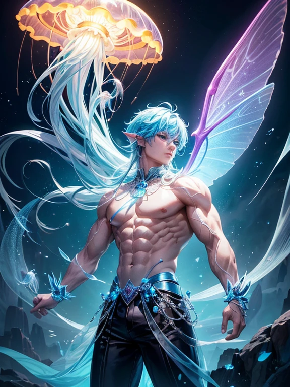 Highest quality, realistic, 8k, high definition, Unity 8k wallpaper, high resolution, extra sharp, Masterpiece, ((Masterpiece)), best quality, expressive eyes, perfect face, Super eyes, Masterpiece, Beautiful and highly detailed character art., Grand fantasy digital art style, Detailed digital 3D fantasy art., ultra realistic, god of jellyfish, In the magical jellyfish forest, majestic, neon river, prince of jellyfish, Fei Thepchai, (light blue skin), fae bodybuilder muscular body, night time, Transparent wings, Fae male muscle angel, self-satisfied face, drink neon cocktails, Pace, neon mesh open top, Transparent pants decorated with mesh fabric details., strong jaw, bottom