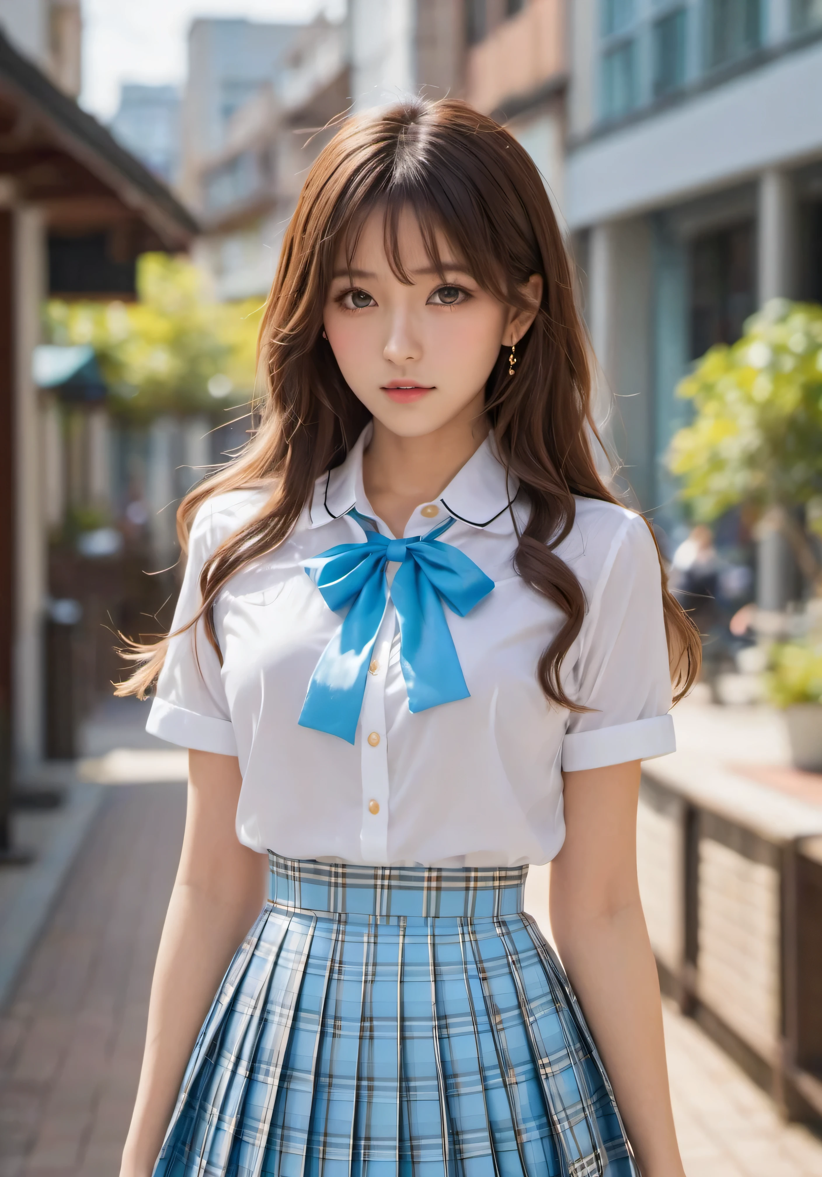 photograph, confused, High resolution, Super detailed, maid girl,:d,((Hair with loose waves on the inside:1.2)),((gold necklace＿Larger earrings:1.2)),((Super long brown hair:1.2))、((White collar shirt、Light blue plaid pleated skirt:1.4)、、high 