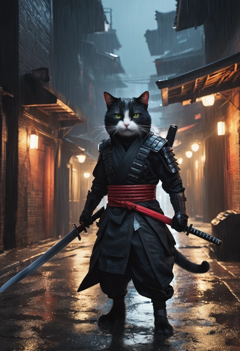 High Resolution, High Quality, Masterpiece.Anthropomorphic cat dressed in In a ninja costume, a katana in a scabbard on his back., Noir style, dark in an alley, cinematic light, lots of detail, realistic, 4k, cinema, epic, rain, neon ambiance, abstract black oil, gear mecha, detailed acrylic, grunge, intricate complexity, rendered in unreal engine, photorealistic Hyperdetalization. Hyperrealism. Dramatic light. 