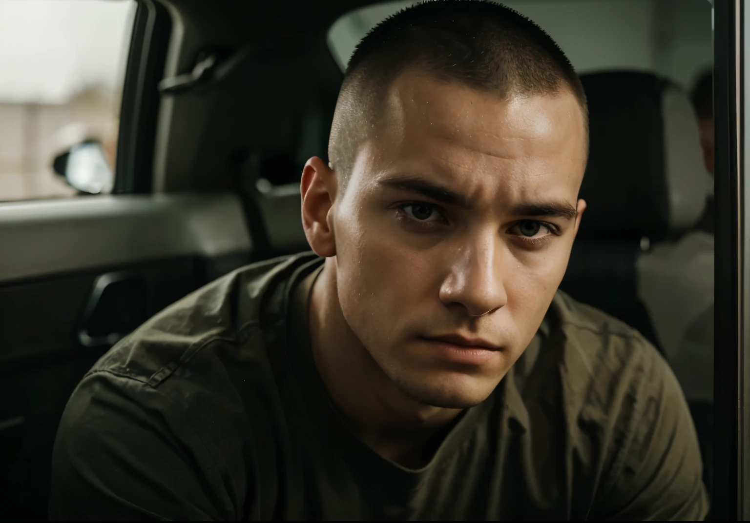 Generate an image of a 25-year-old man with a military-style buzz cut, gazing forward with a tired and weary expression. His eyes reflect the weight of exhaustion, conveying a sense of fatigue and weariness from life's burdens. Despite his youth, lines of tiredness etch his face, hinting at the challenges he has faced. His posture may be slouched, and his shoulders drooped, further emphasizing his exhaustion. This composition captures the poignant portrayal of a young man grappling with the strains of life, his tired gaze reflecting the trials he has endured.






